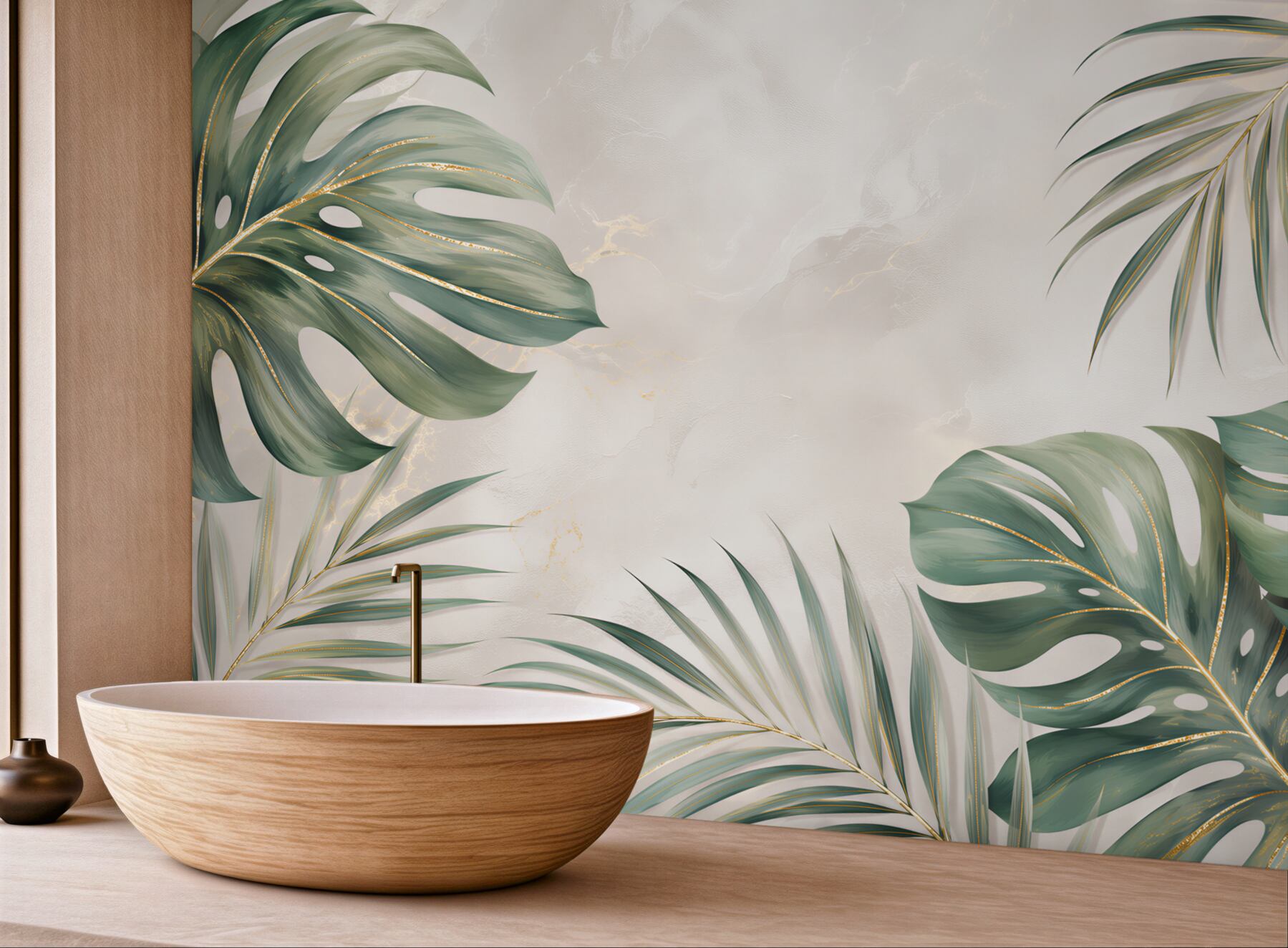 Fototapeta monstera i liście palmowe zielone ze złotymi akcentami?v23