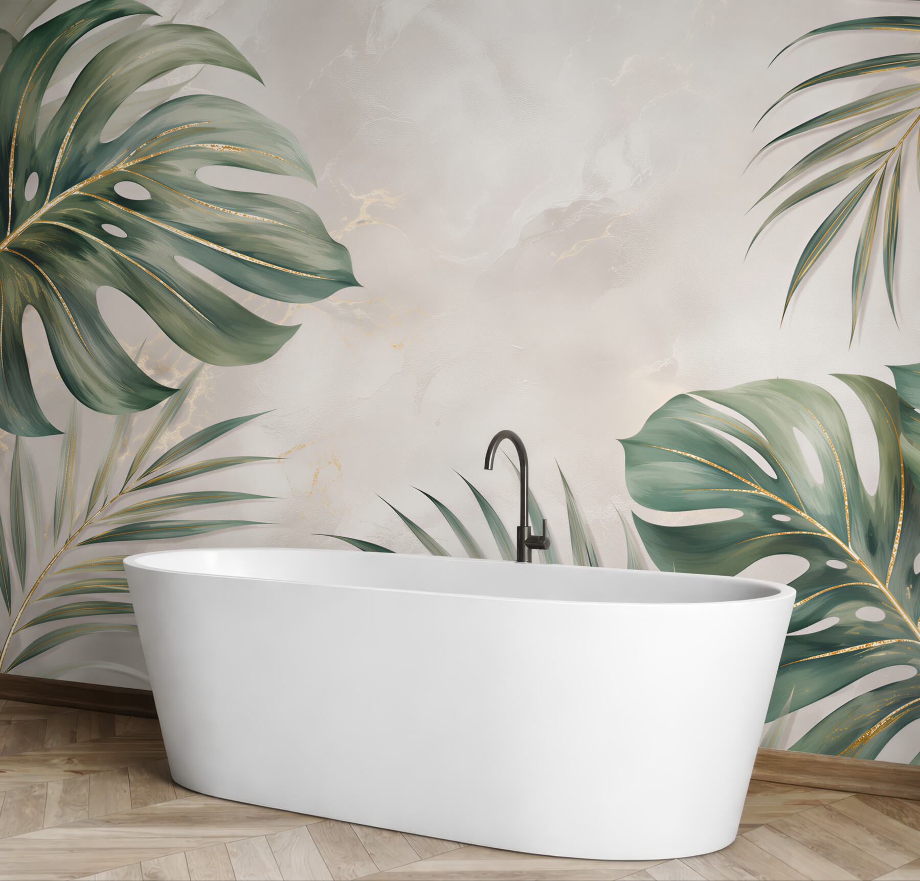 Fototapeta monstera i liście palmowe zielone ze złotymi akcentami?v23