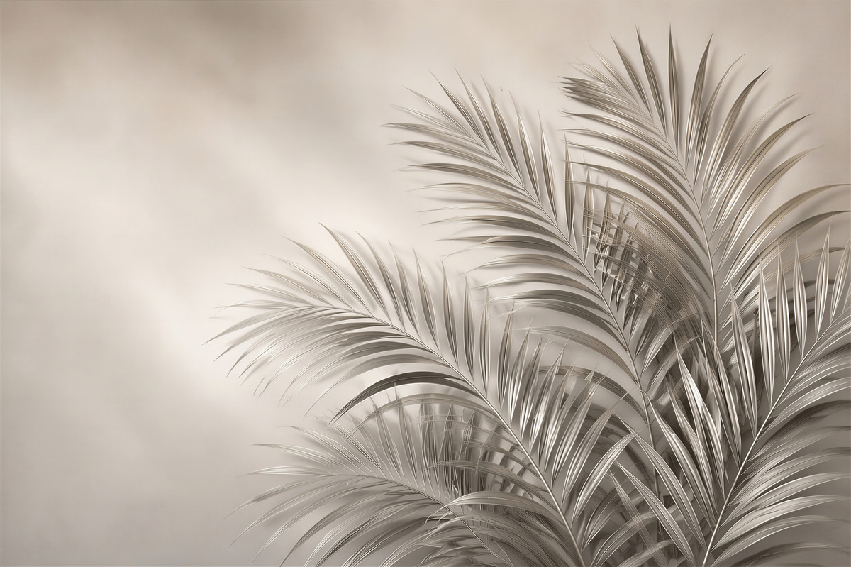 Fototapeta liście palmowe beżowe minimalistyczne do eleganckiego salonu