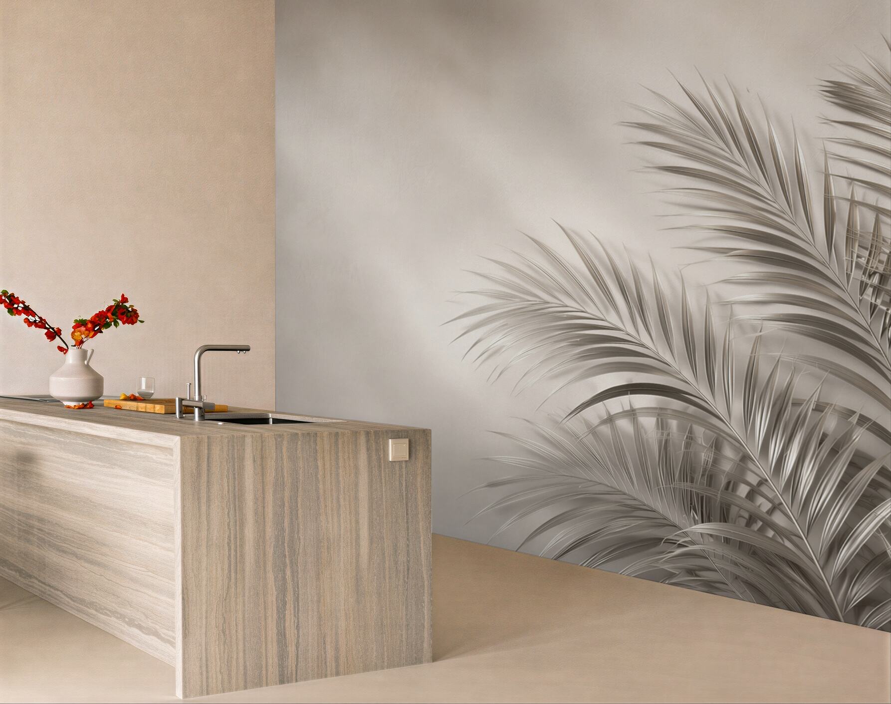 Fototapeta liście palmowe beżowe minimalistyczne do eleganckiego salonu?v23