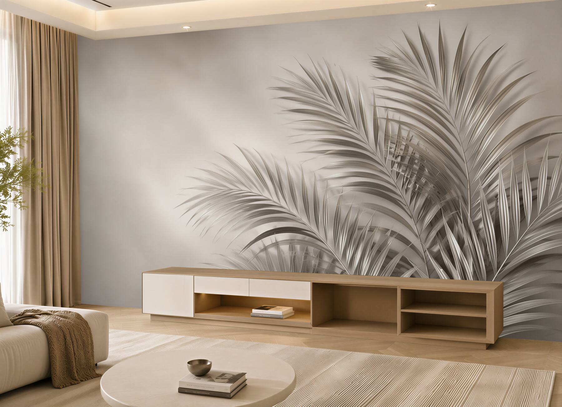 Fototapeta liście palmowe beżowe minimalistyczne do eleganckiego salonu?v23