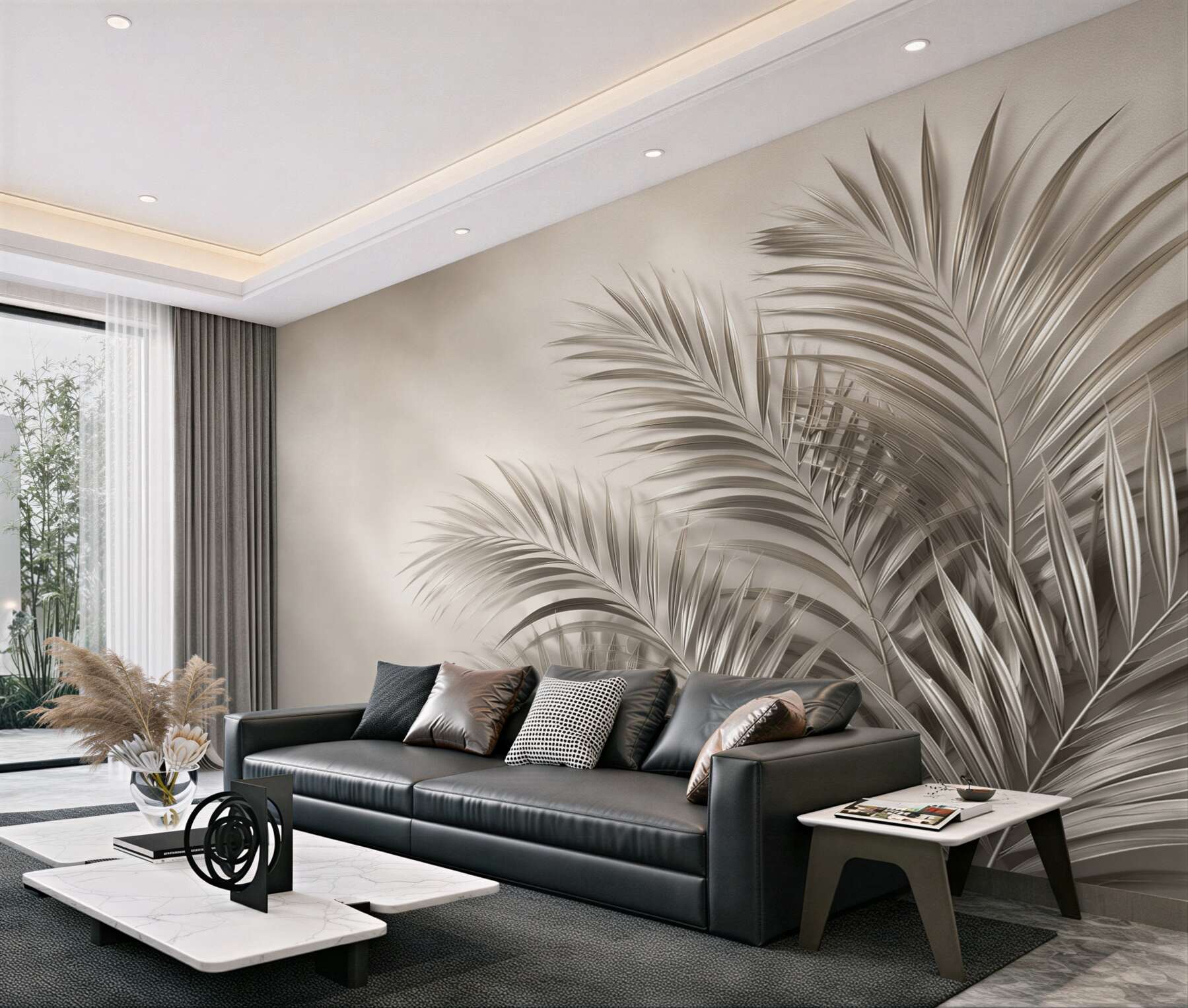 Fototapeta liście palmowe beżowe minimalistyczne do eleganckiego salonu?v23