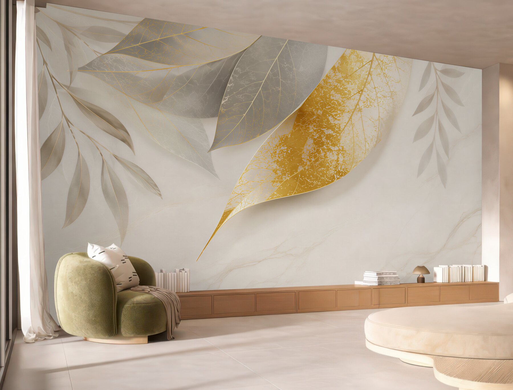 Fototapeta złote i szare liście na marmurowym tle elegancka?v23