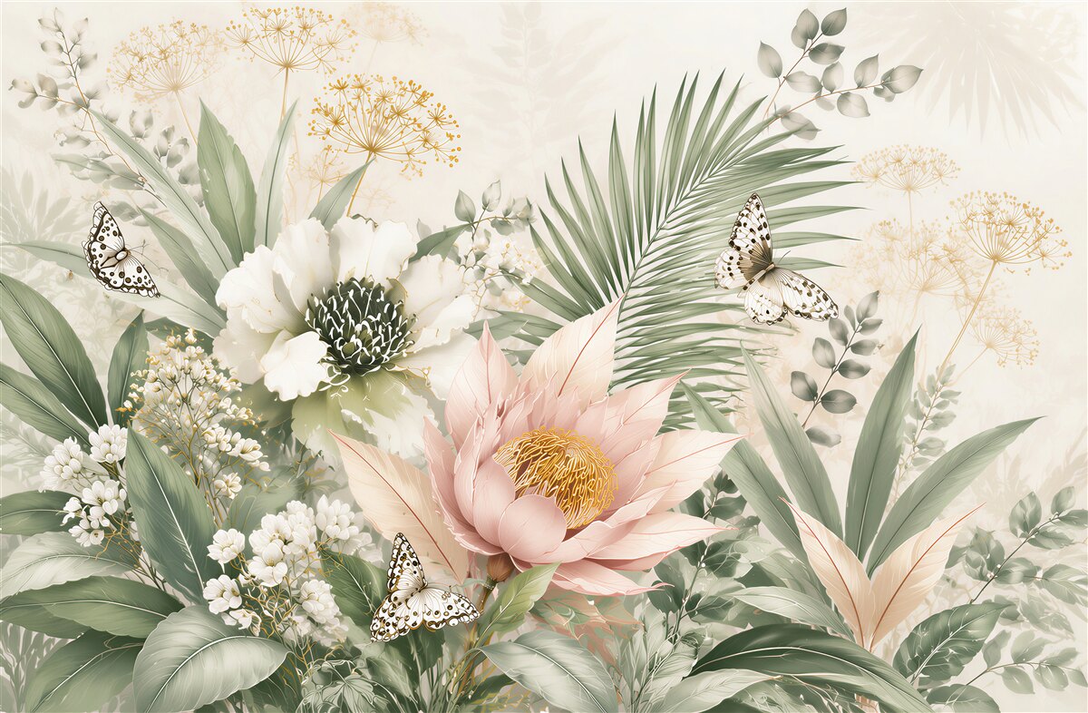 Fototapeta kwiaty i liście tropikalne z motylami pastelowa botaniczna