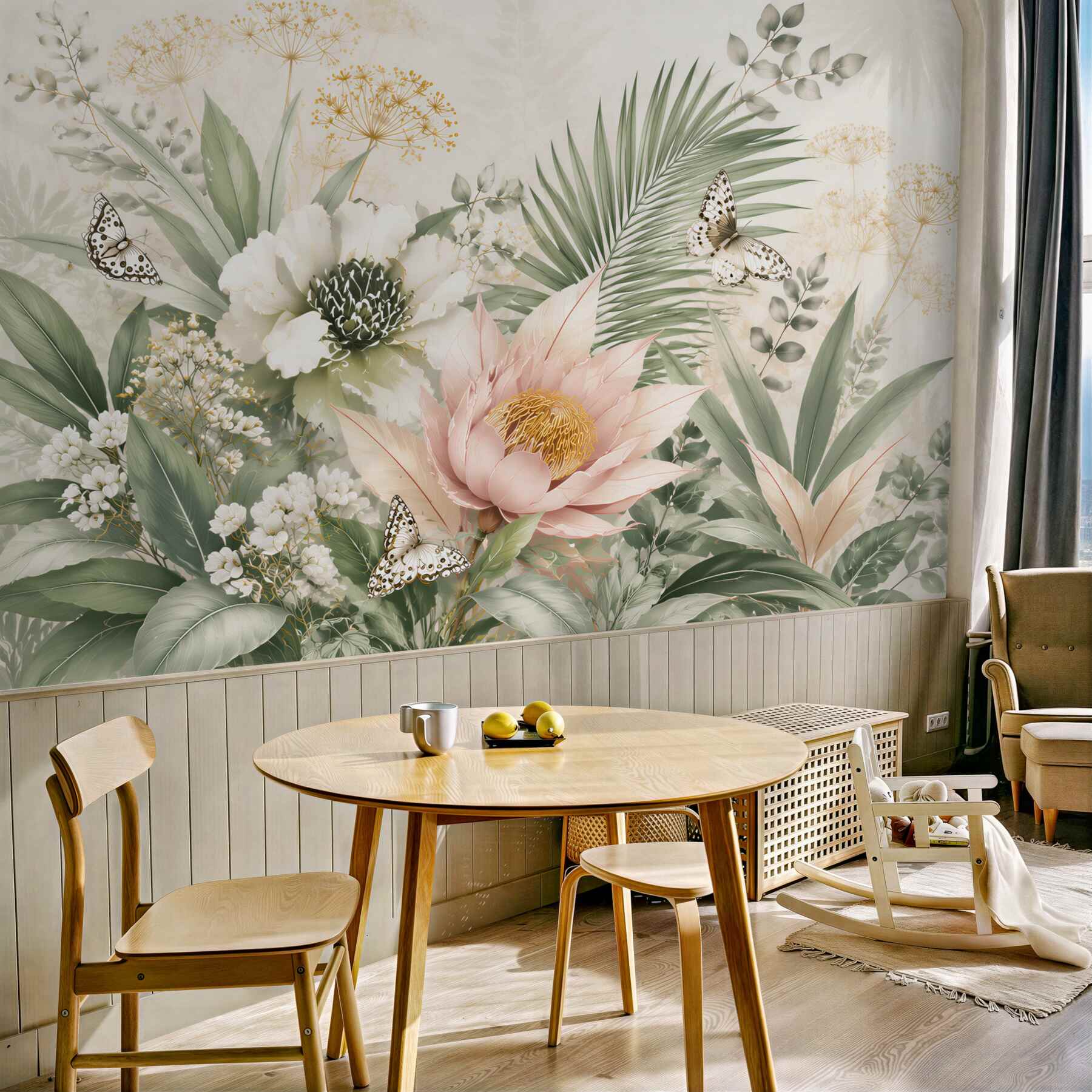Fototapeta kwiaty i liście tropikalne z motylami pastelowa botaniczna?v23