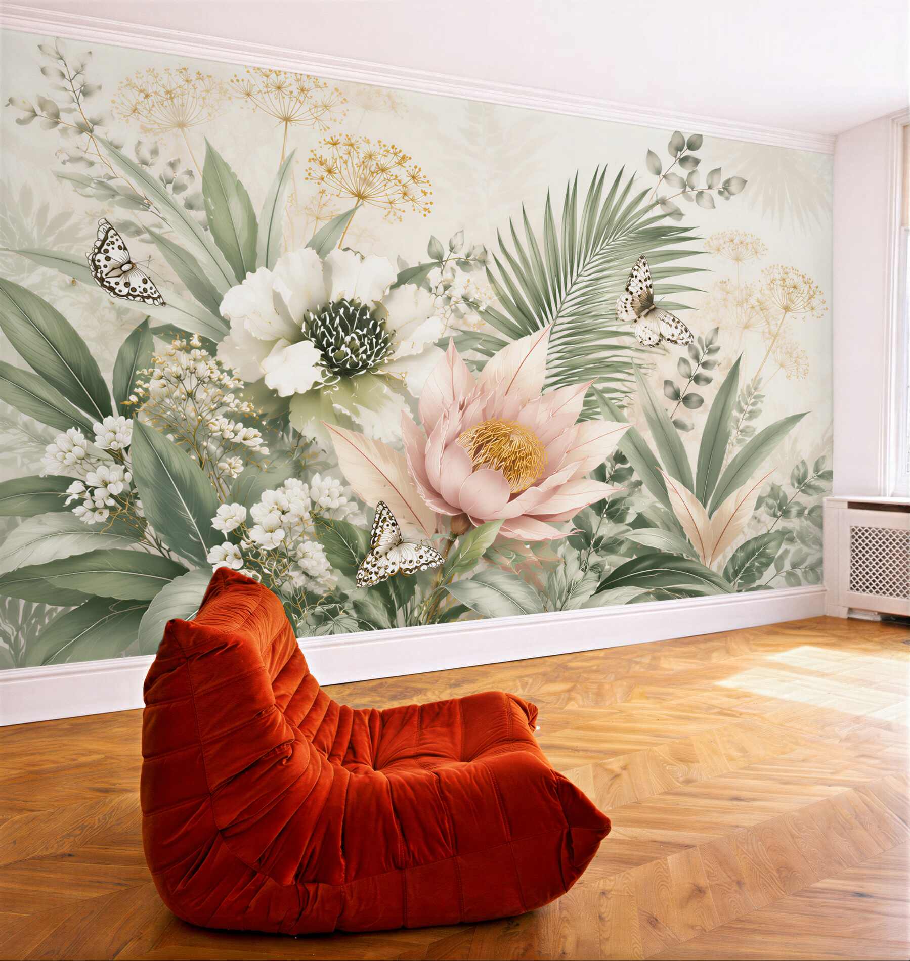 Fototapeta kwiaty i liście tropikalne z motylami pastelowa botaniczna?v23