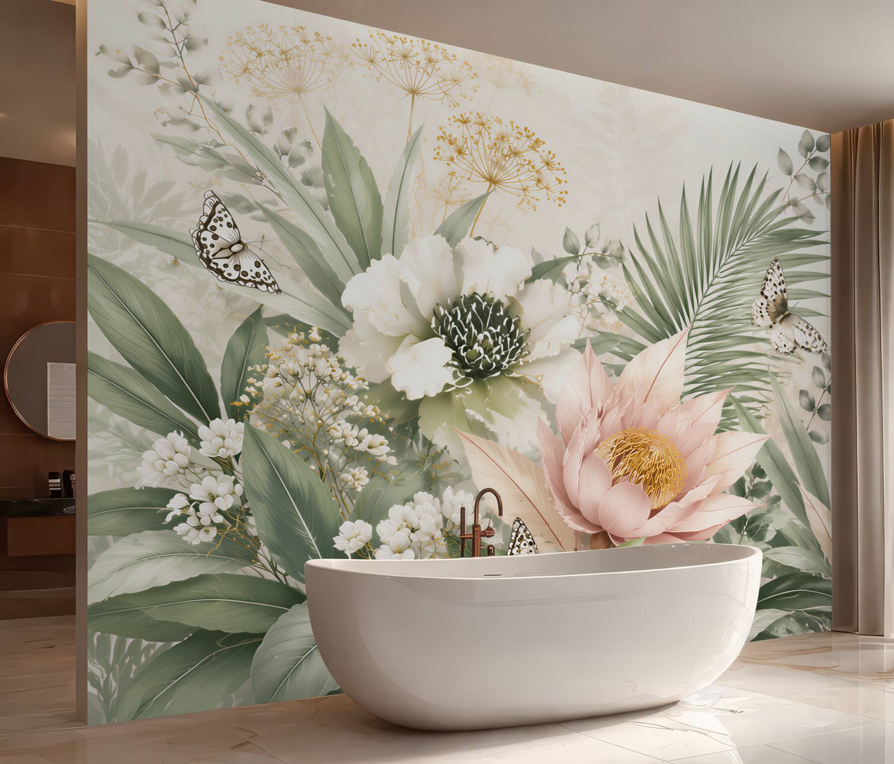 Fototapeta kwiaty i liście tropikalne z motylami pastelowa botaniczna?v23