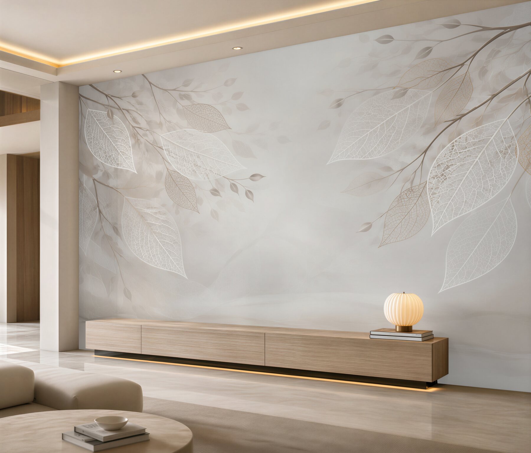 Fototapeta gałązki z ażurowymi liśćmi beżowa subtelna elegancja?v23