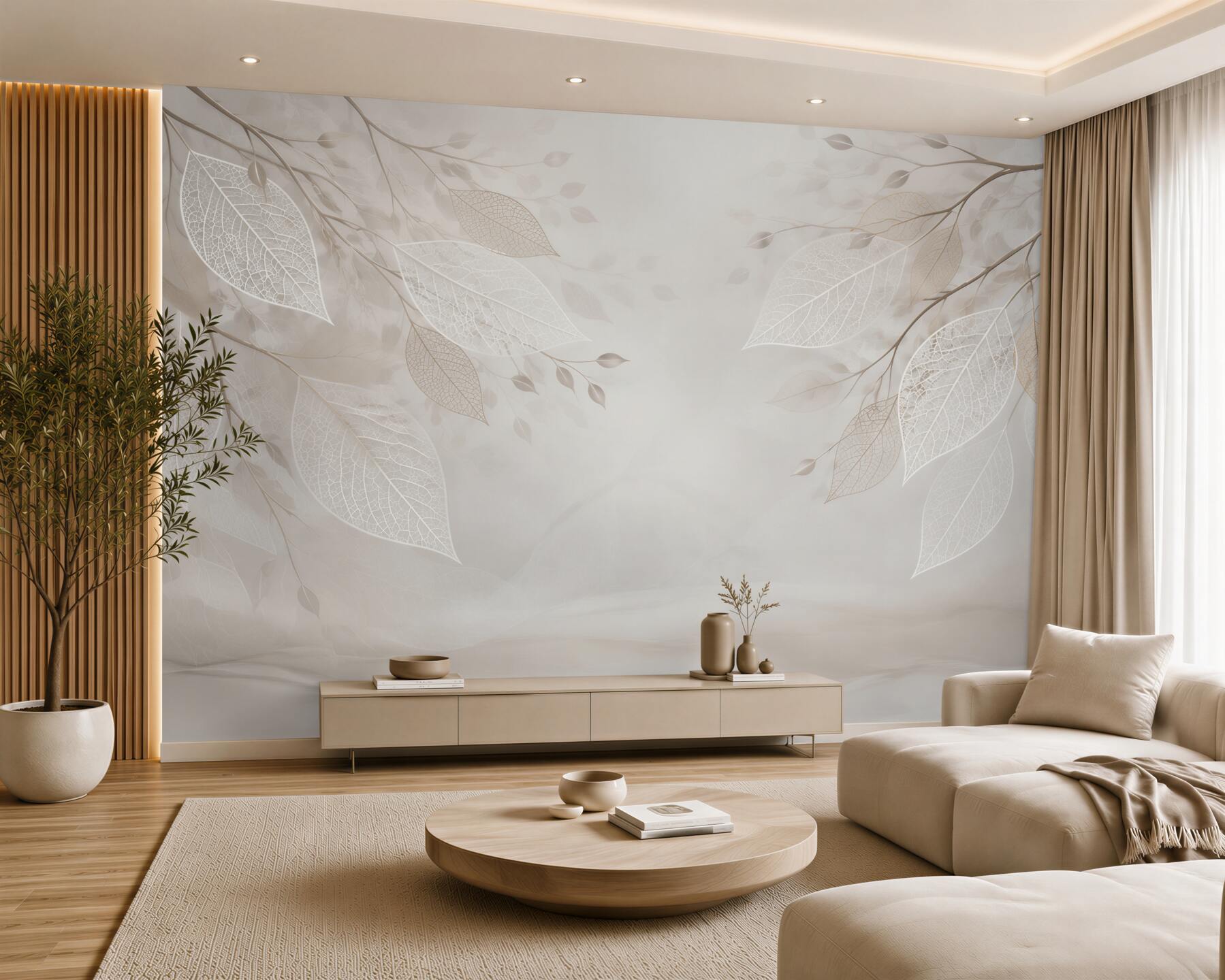 Fototapeta gałązki z ażurowymi liśćmi beżowa subtelna elegancja?v23
