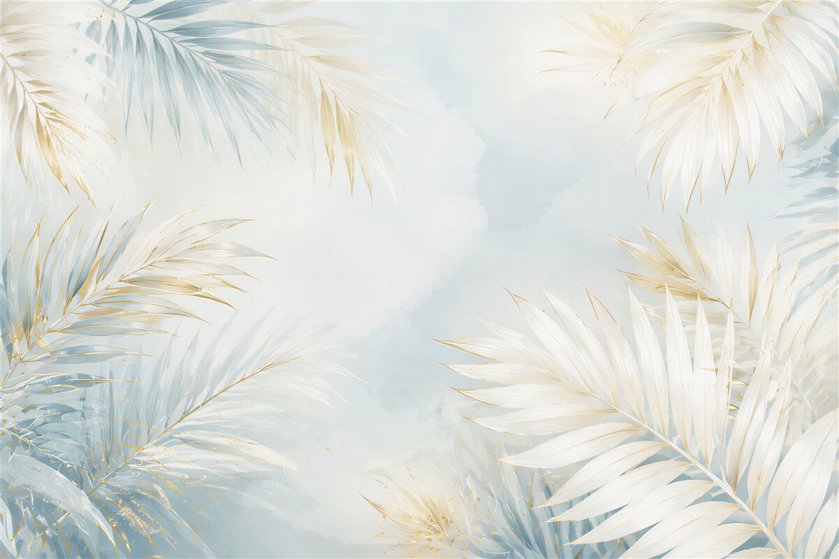 Fototapeta jasne liście palmowe błękitno złote w eleganckim stylu tropical glam