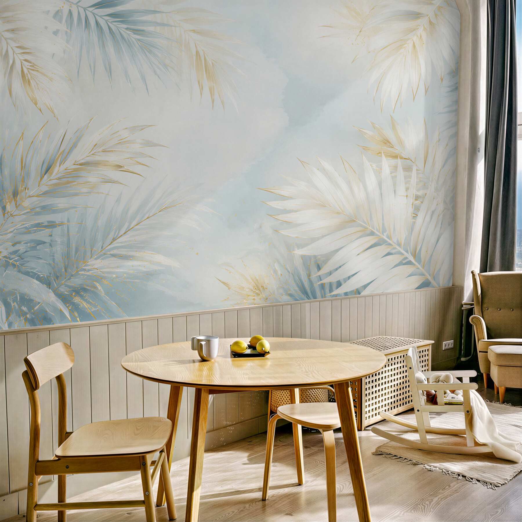 Fototapeta jasne liście palmowe błękitno złote w eleganckim stylu tropical glam?v23