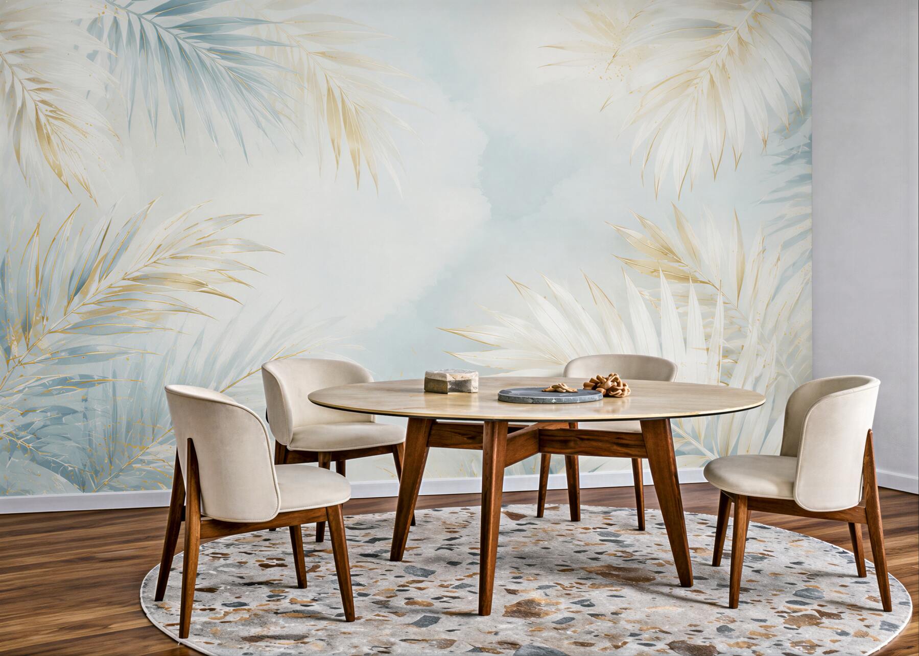 Fototapeta jasne liście palmowe błękitno złote w eleganckim stylu tropical glam?v23