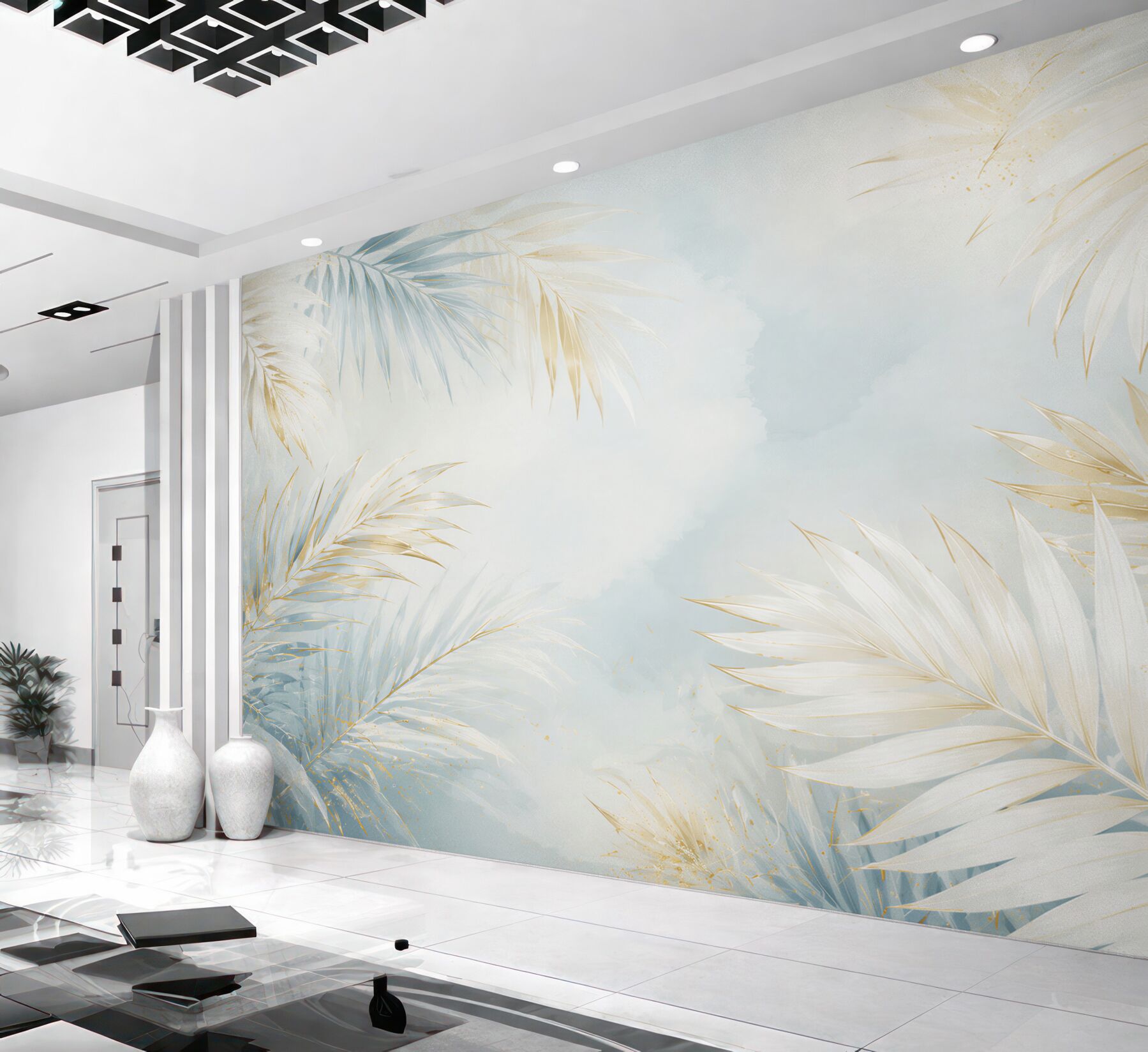 Fototapeta jasne liście palmowe błękitno złote w eleganckim stylu tropical glam?v23