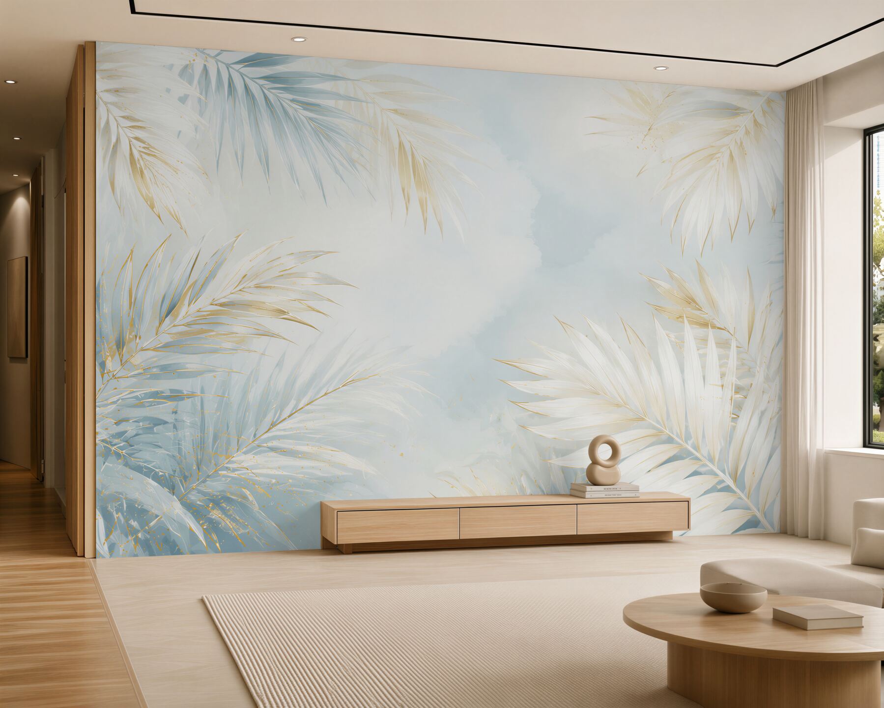 Fototapeta jasne liście palmowe błękitno złote w eleganckim stylu tropical glam?v23