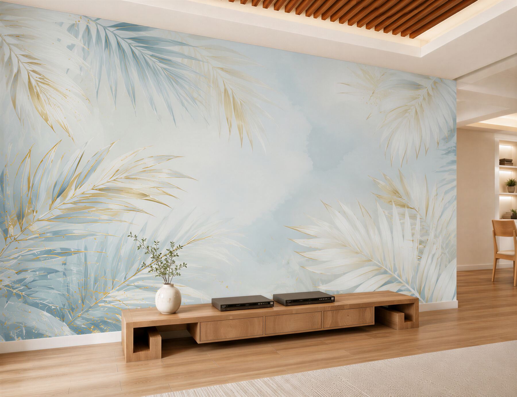 Fototapeta jasne liście palmowe błękitno złote w eleganckim stylu tropical glam?v23