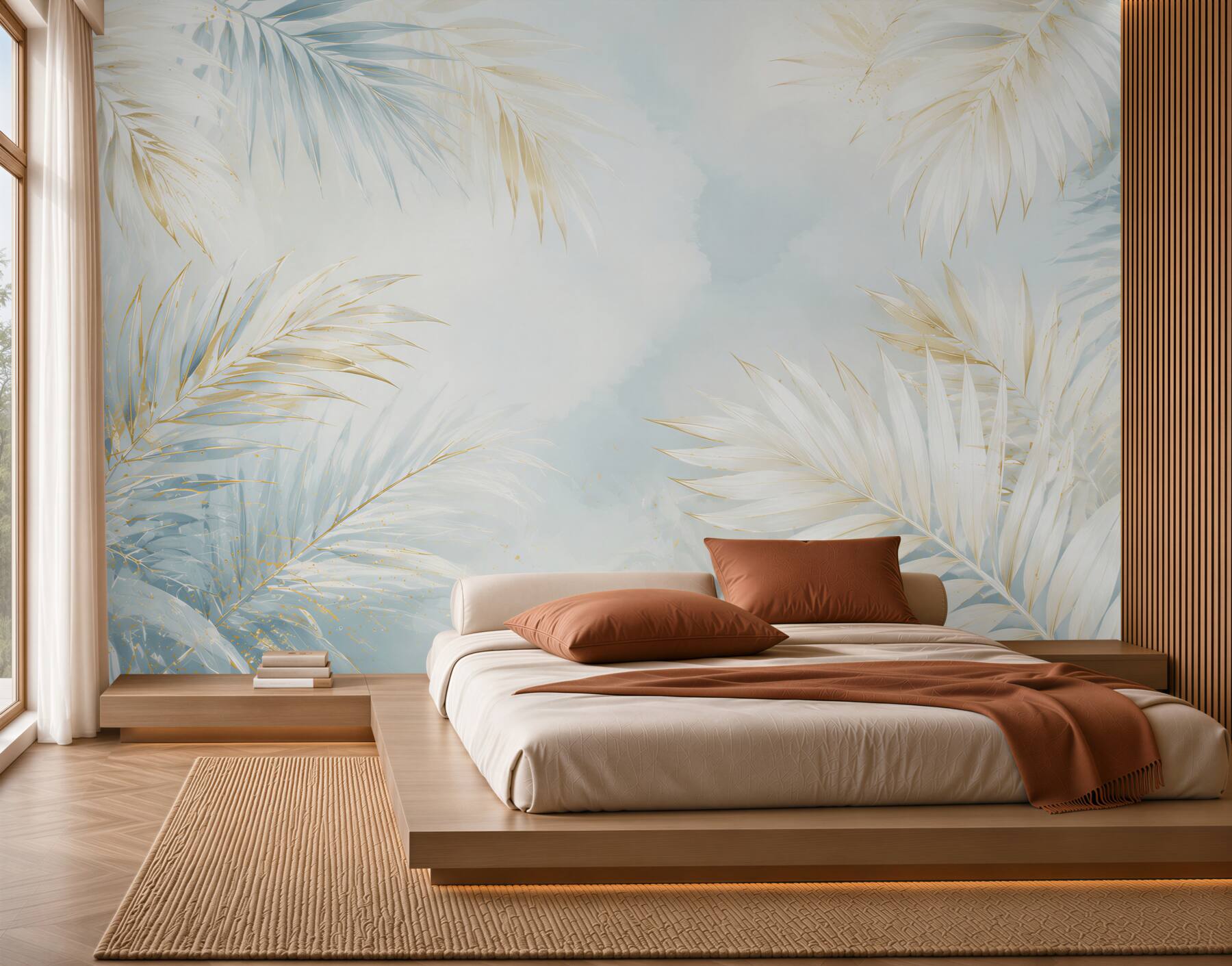Fototapeta jasne liście palmowe błękitno złote w eleganckim stylu tropical glam?v23