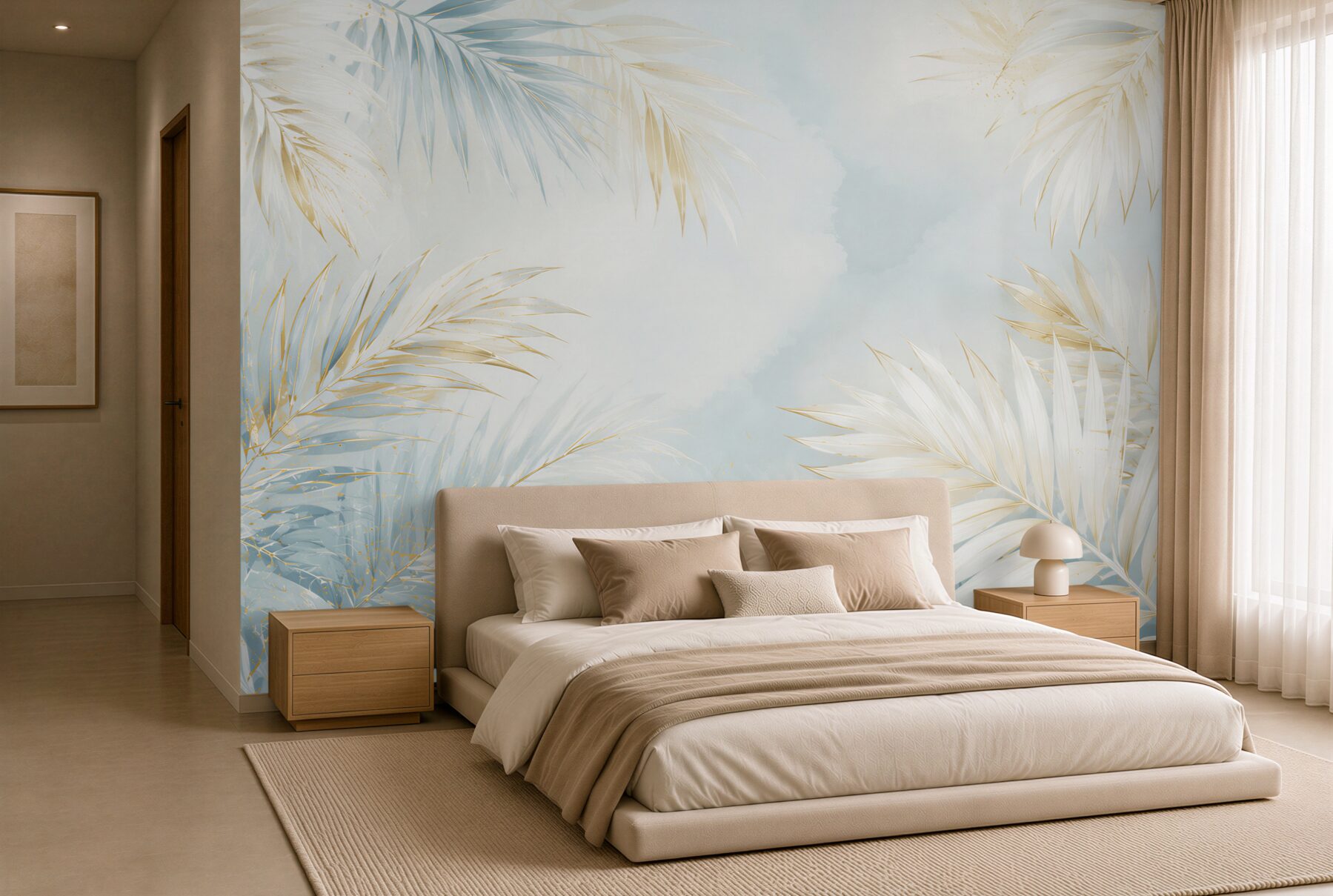 Fototapeta jasne liście palmowe błękitno złote w eleganckim stylu tropical glam?v23