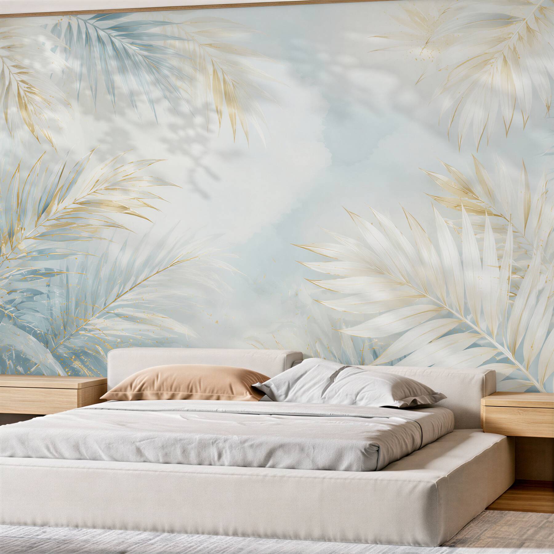 Fototapeta jasne liście palmowe błękitno złote w eleganckim stylu tropical glam?v23