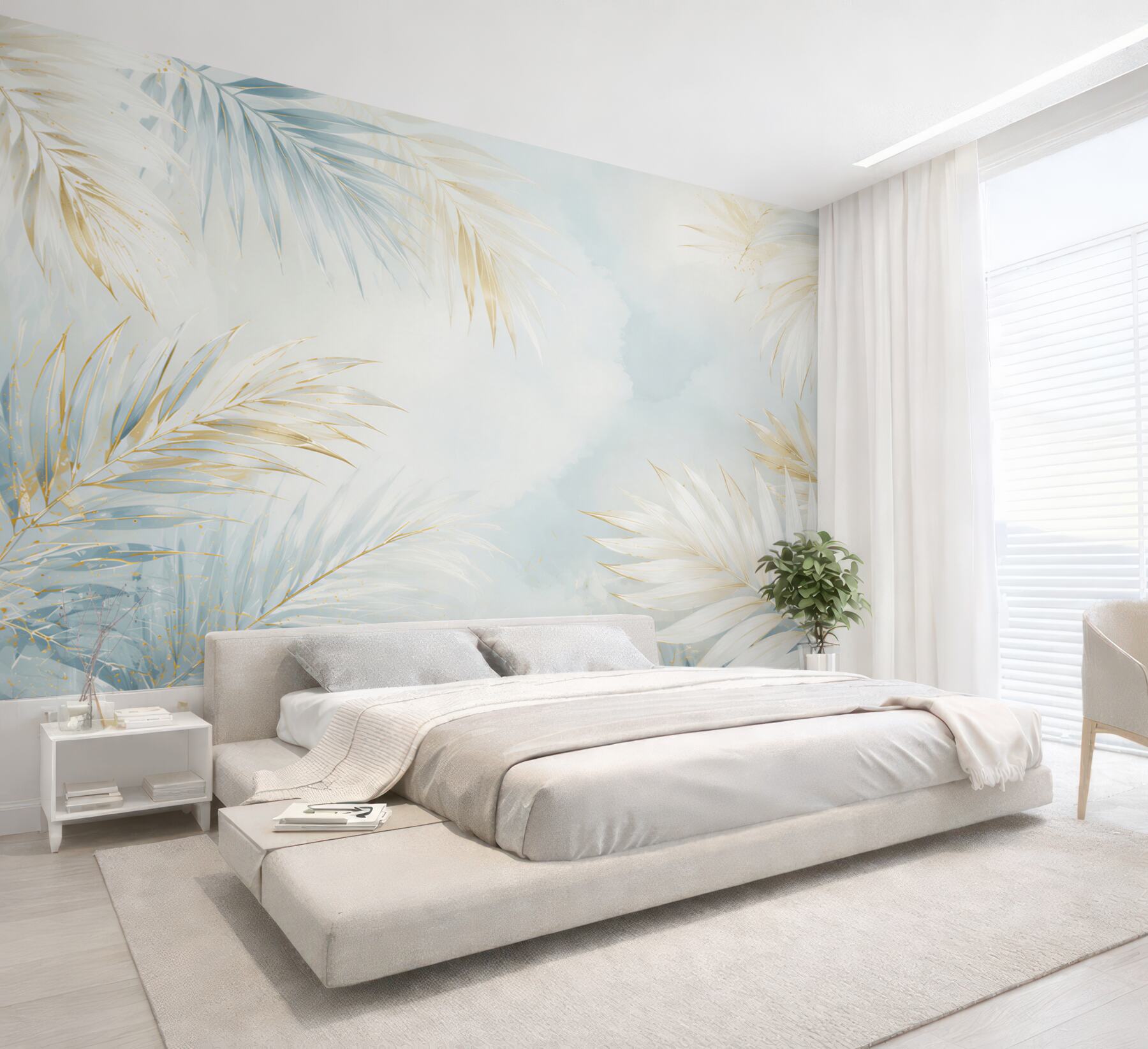 Fototapeta jasne liście palmowe błękitno złote w eleganckim stylu tropical glam?v23