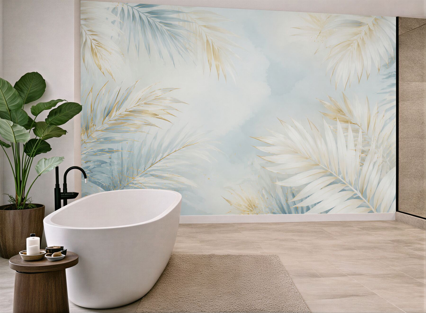 Fototapeta jasne liście palmowe błękitno złote w eleganckim stylu tropical glam?v23