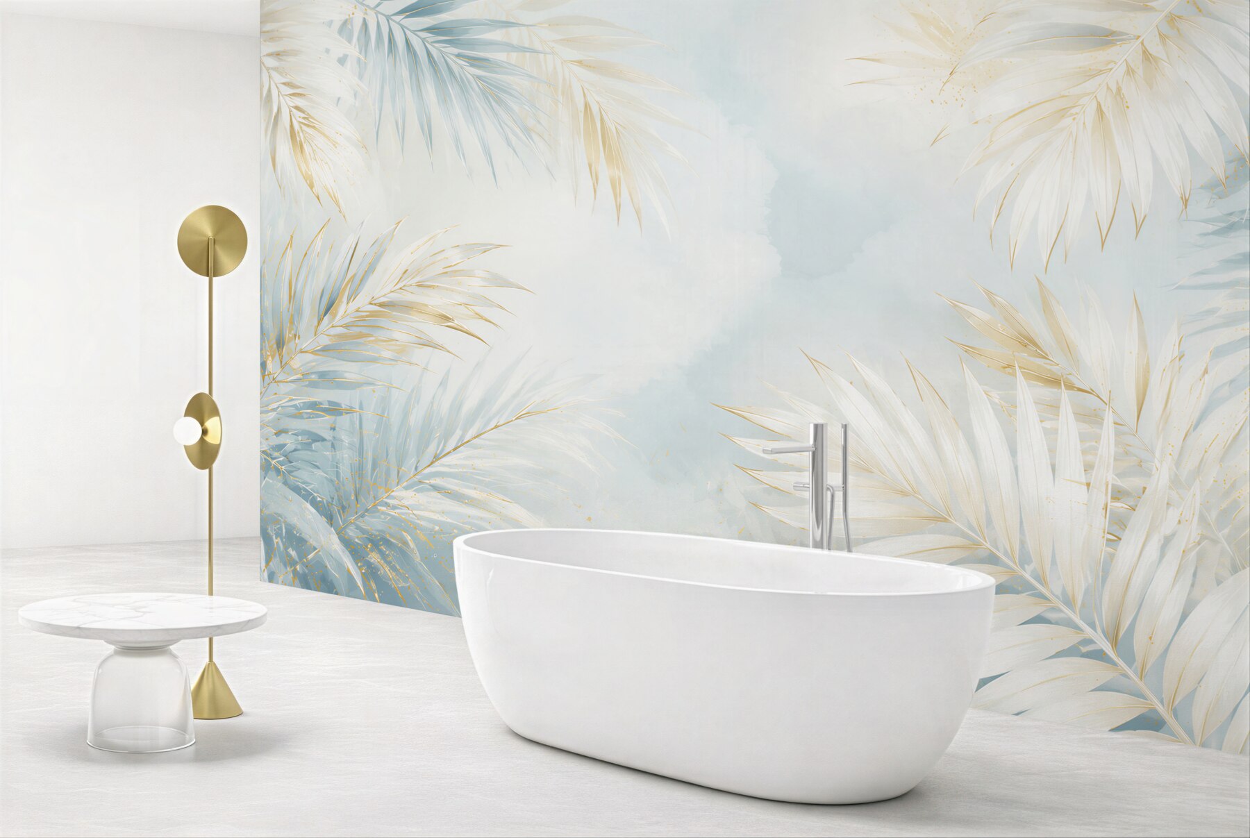 Fototapeta jasne liście palmowe błękitno złote w eleganckim stylu tropical glam?v23