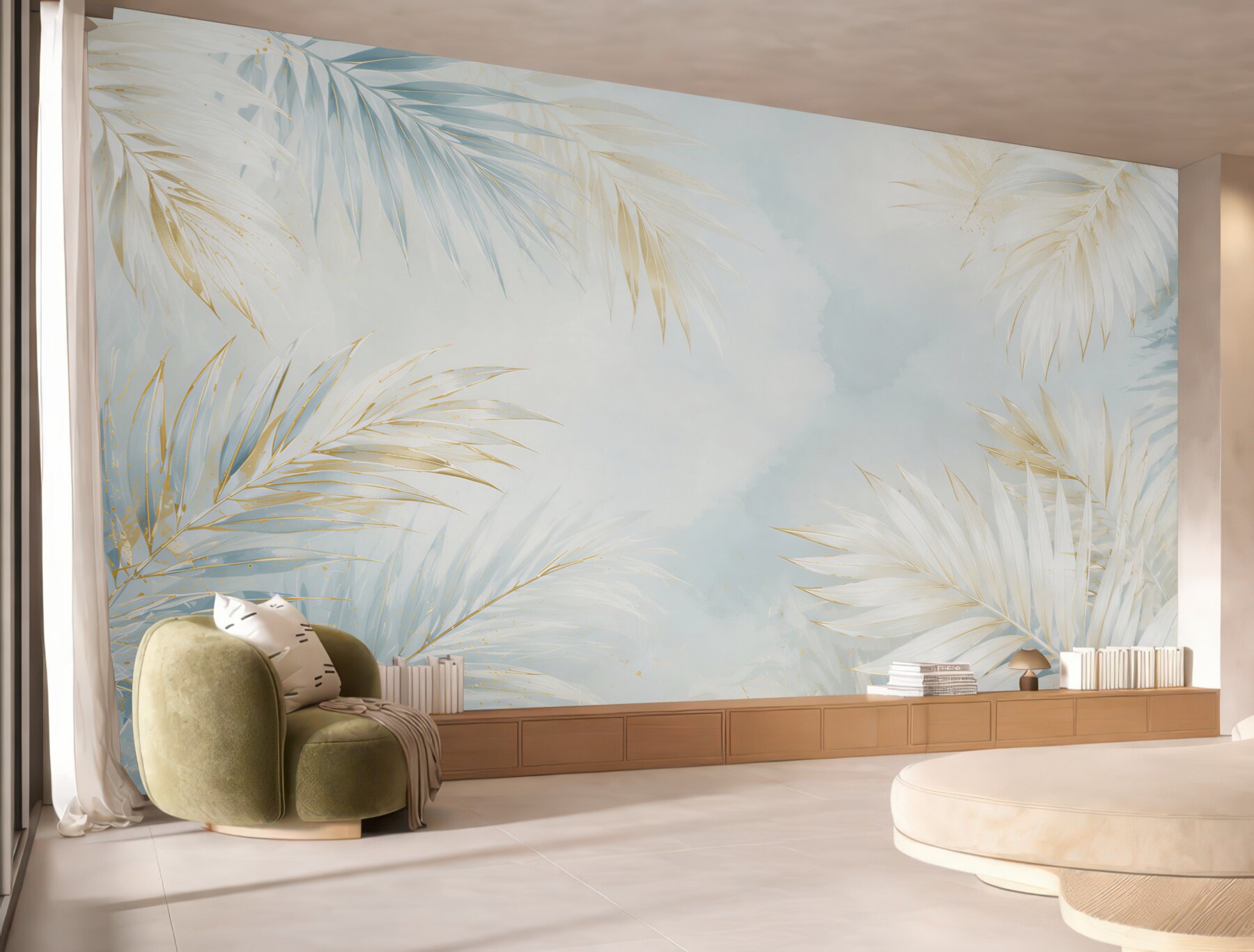 Fototapeta jasne liście palmowe błękitno złote w eleganckim stylu tropical glam?v23