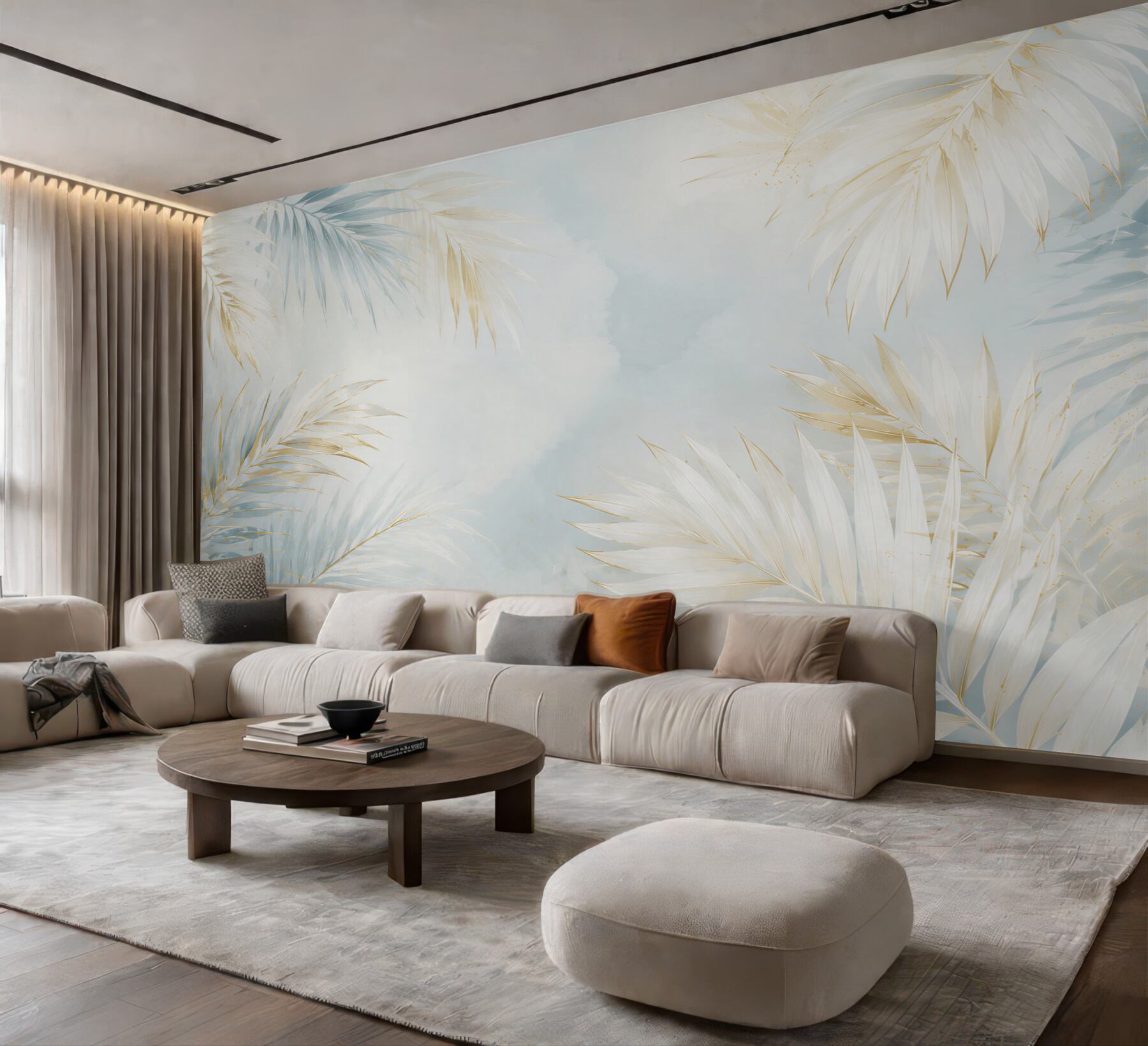Fototapeta jasne liście palmowe błękitno złote w eleganckim stylu tropical glam?v23