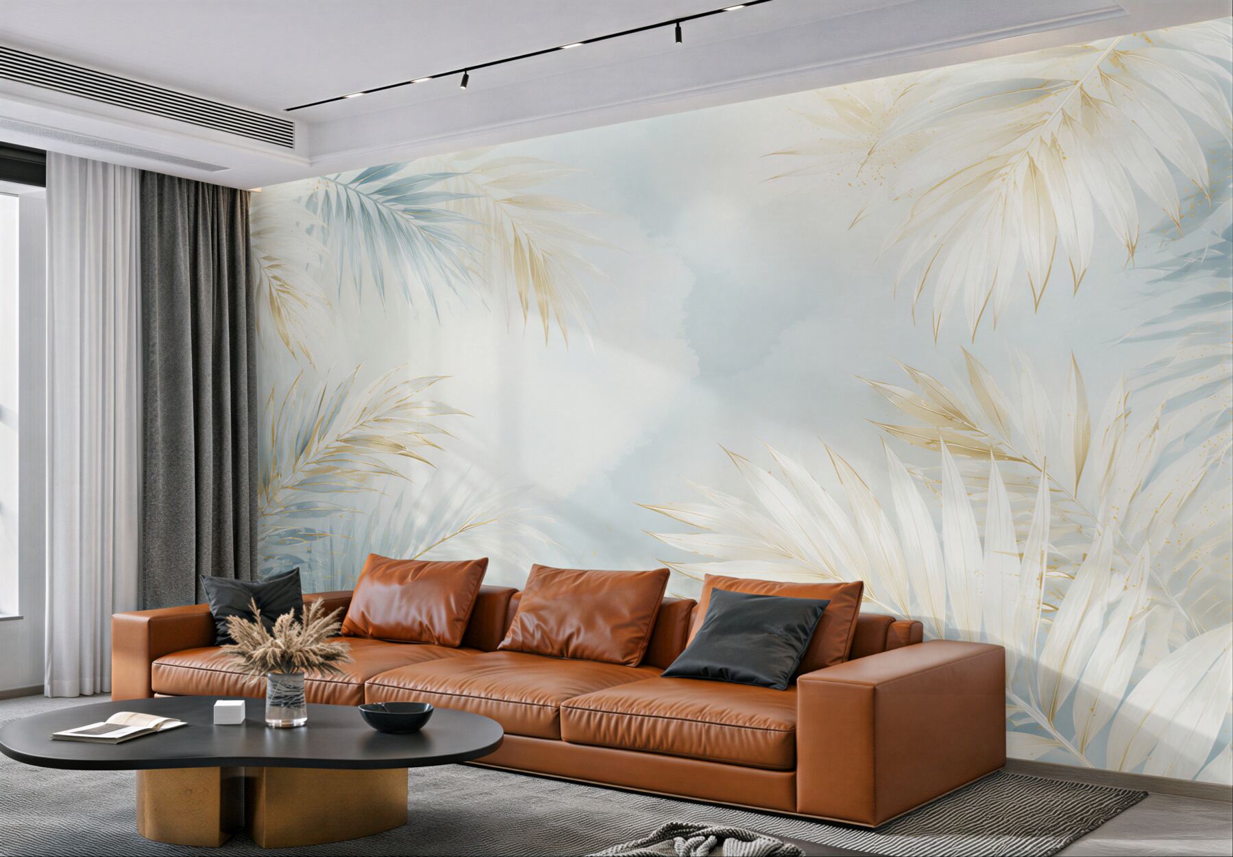 Fototapeta jasne liście palmowe błękitno złote w eleganckim stylu tropical glam?v23