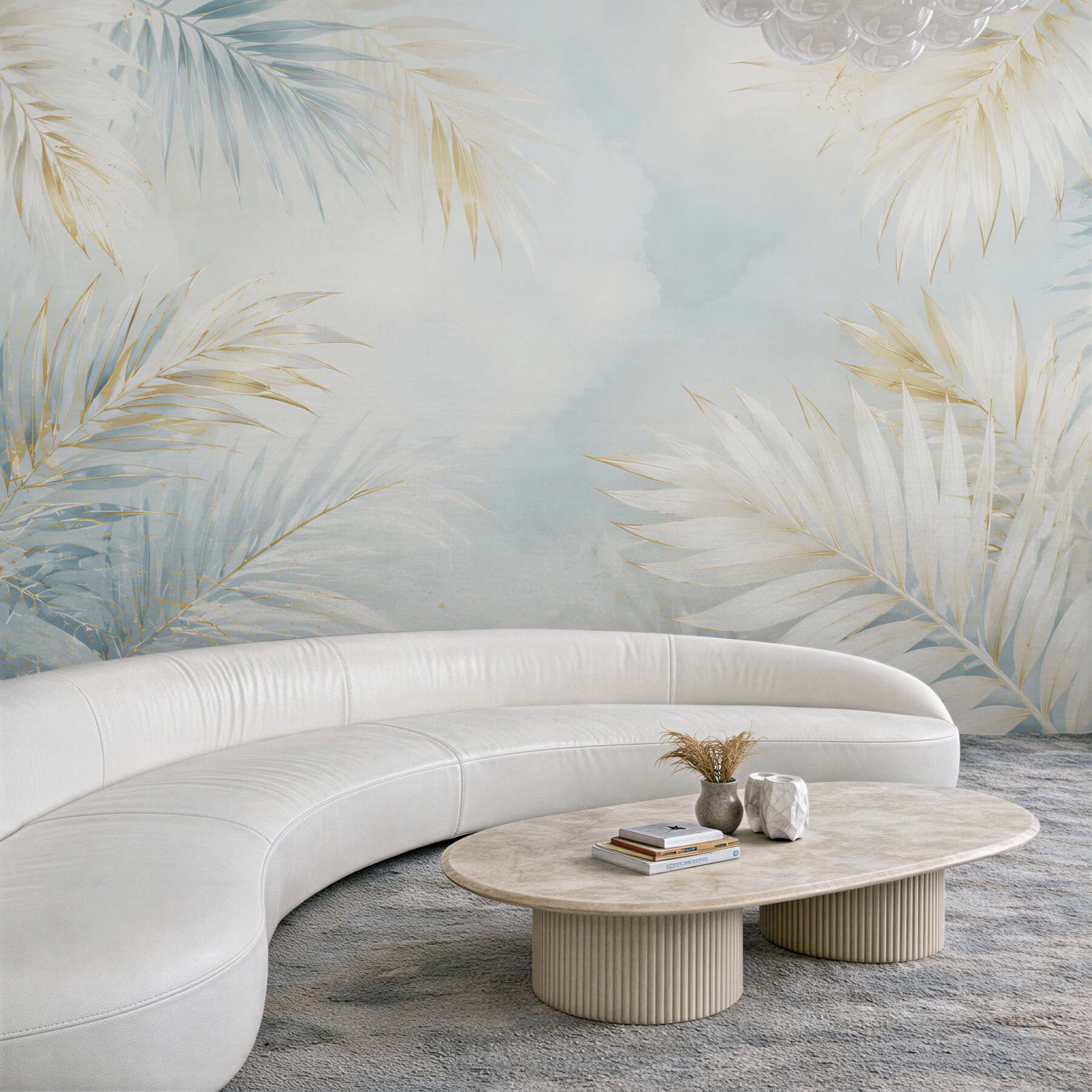 Fototapeta jasne liście palmowe błękitno złote w eleganckim stylu tropical glam?v23