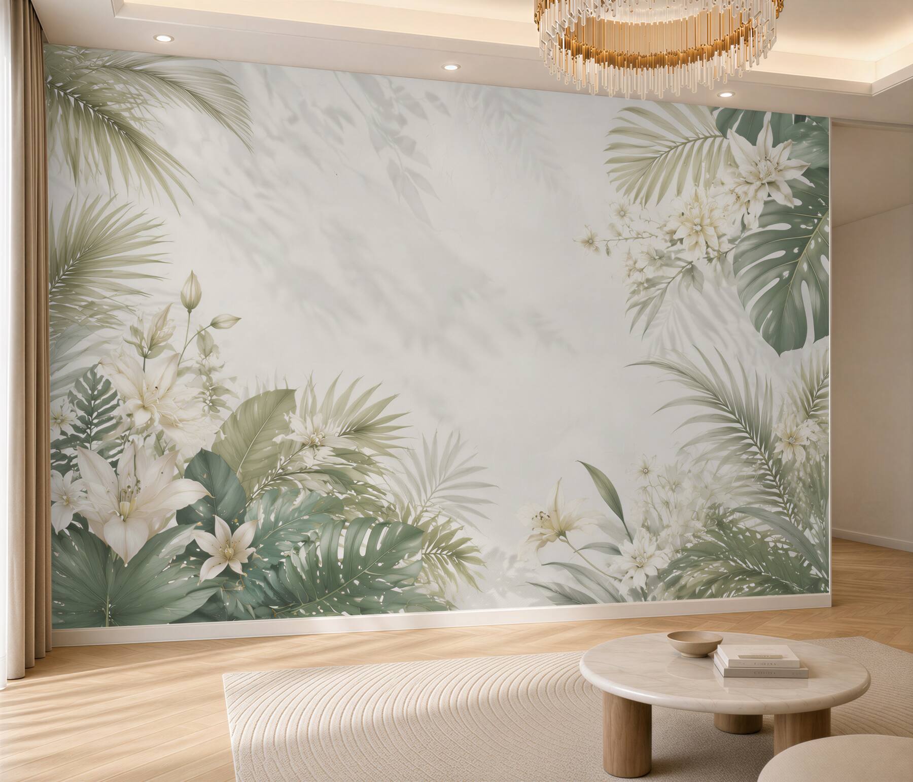 Fototapeta białe kwiaty i liście tropikalne beżowo zielona elegancka?v23