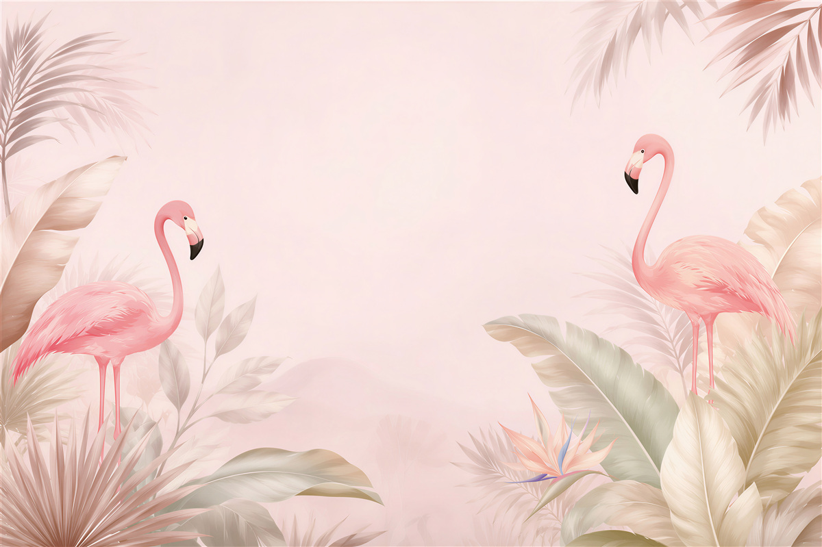 Fototapeta różowe flamingi wśród tropikalnych liści pastelowa