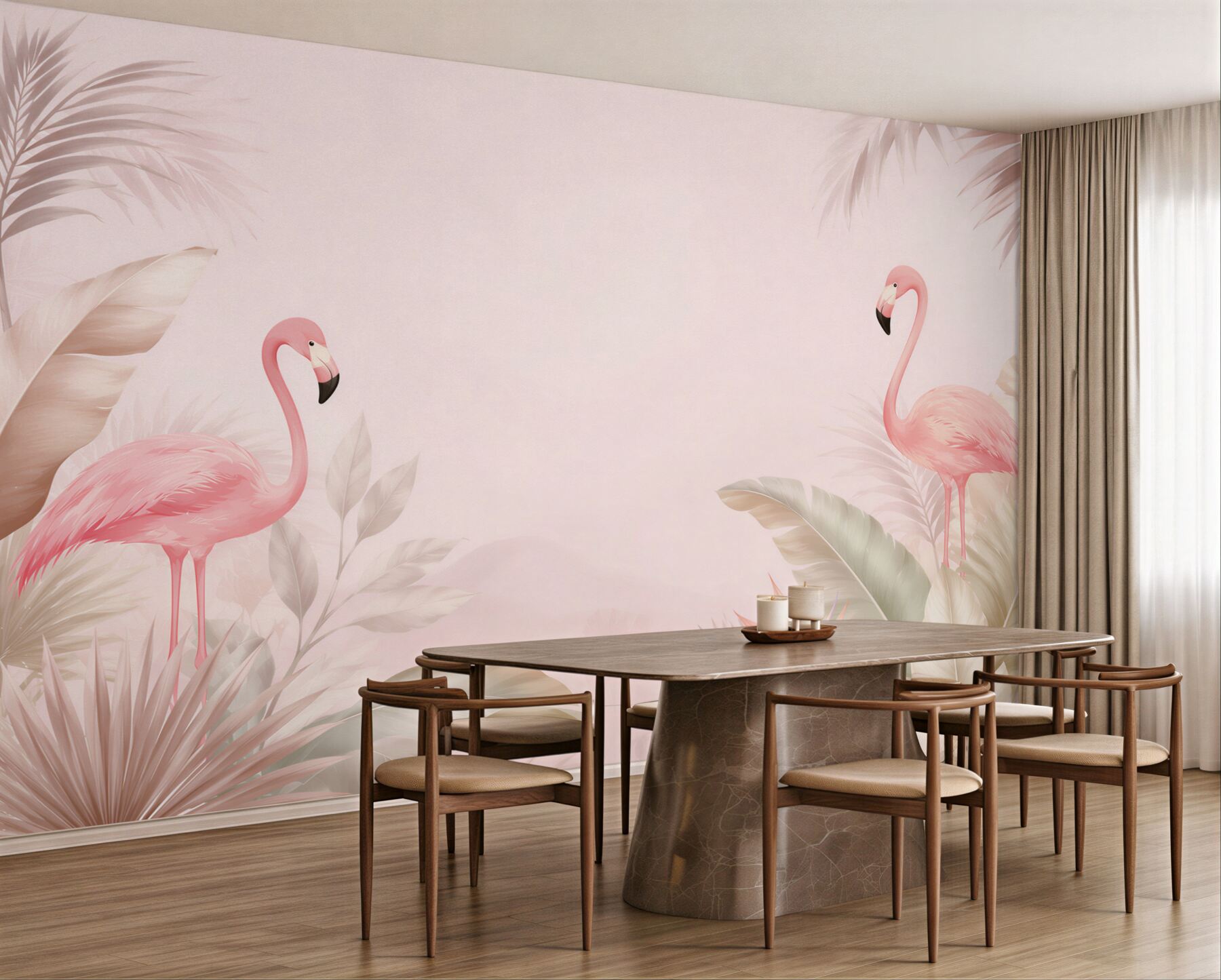 Fototapeta różowe flamingi wśród tropikalnych liści pastelowa?v23