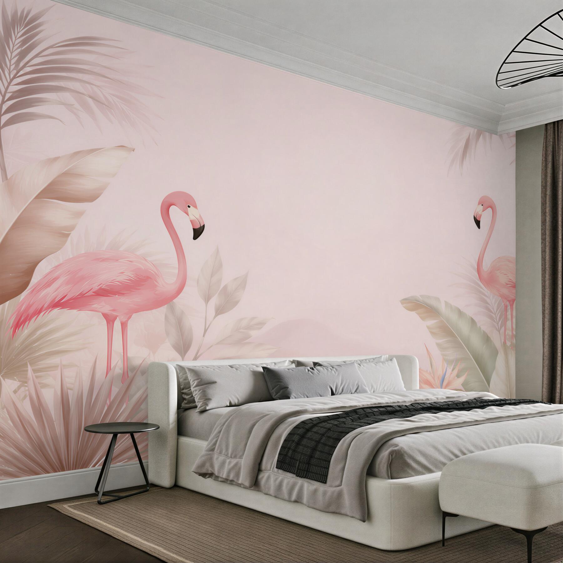 Fototapeta różowe flamingi wśród tropikalnych liści pastelowa?v23