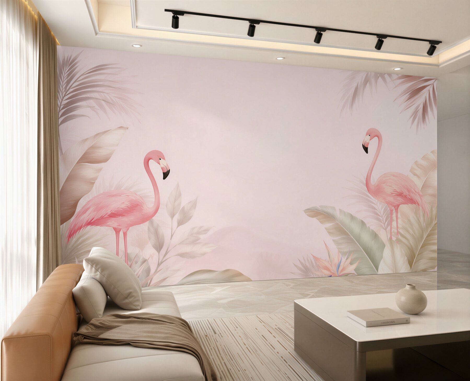 Fototapeta różowe flamingi wśród tropikalnych liści pastelowa?v23