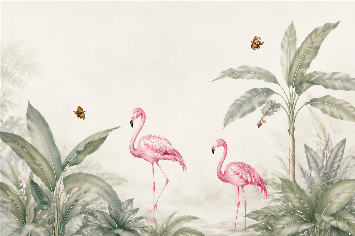 Fototapeta flamingi wśród tropikalnych liści pastelowa do eleganckiego wnętrza