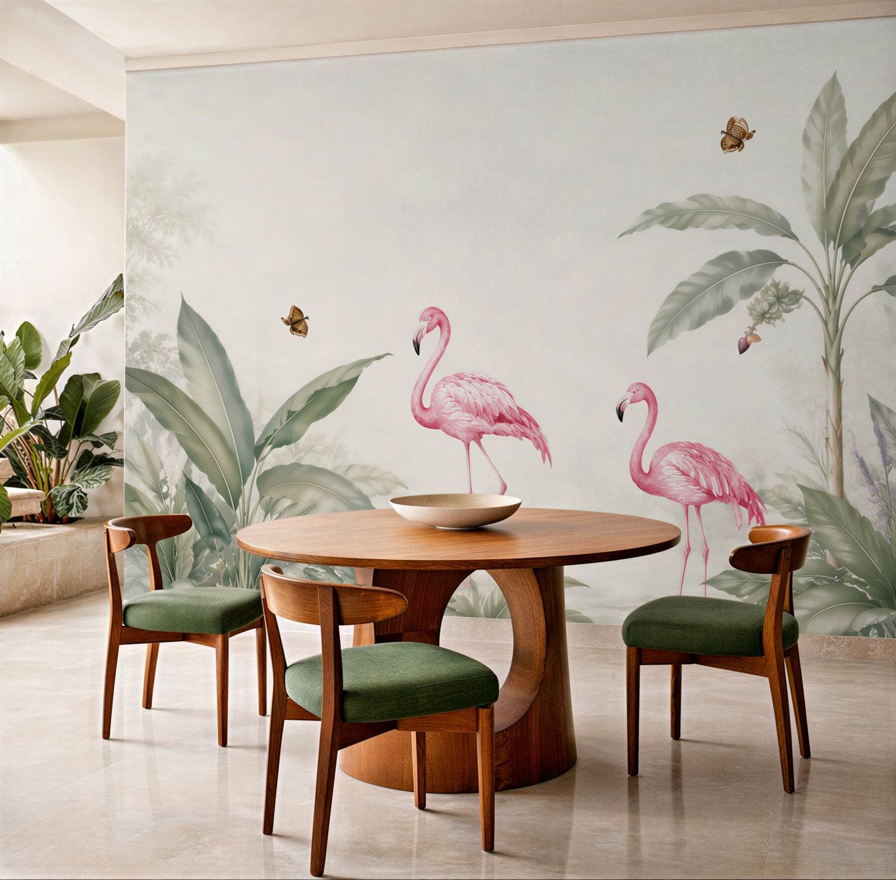 Fototapeta flamingi wśród tropikalnych liści pastelowa do eleganckiego wnętrza?v23