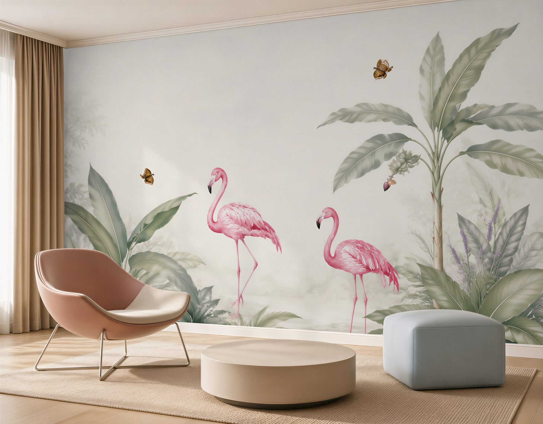 Fototapeta flamingi wśród tropikalnych liści pastelowa do eleganckiego wnętrza?v23