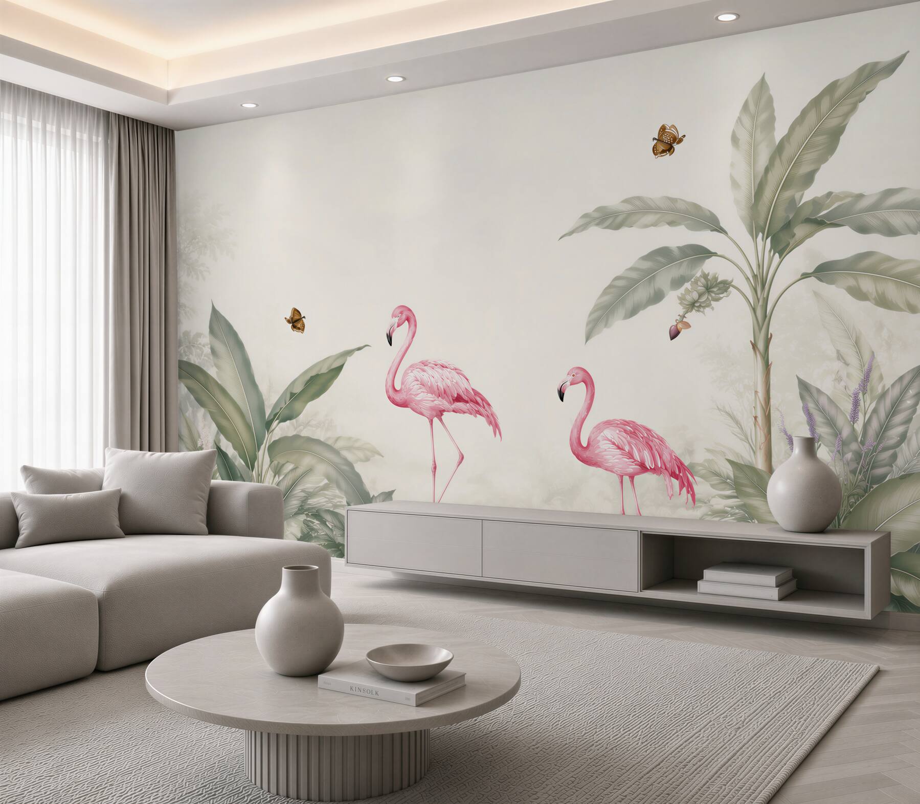 Fototapeta flamingi wśród tropikalnych liści pastelowa do eleganckiego wnętrza?v23