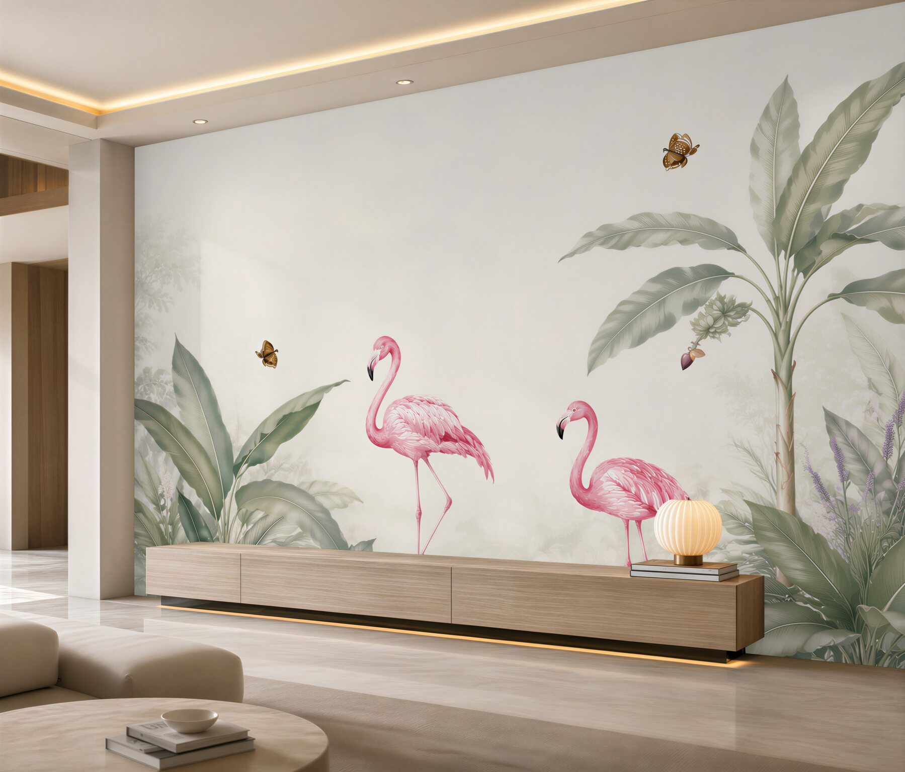 Fototapeta flamingi wśród tropikalnych liści pastelowa do eleganckiego wnętrza?v23
