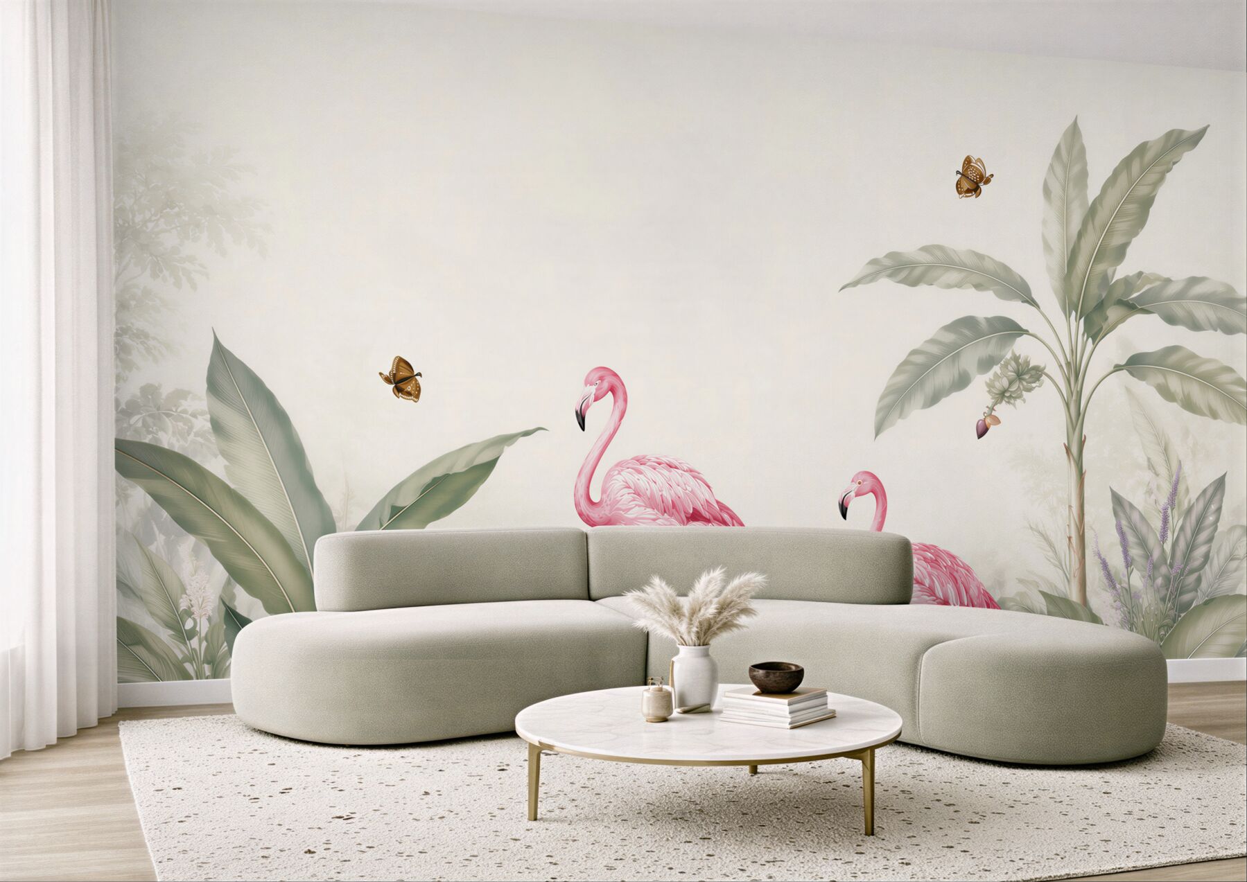 Fototapeta flamingi wśród tropikalnych liści pastelowa do eleganckiego wnętrza?v23