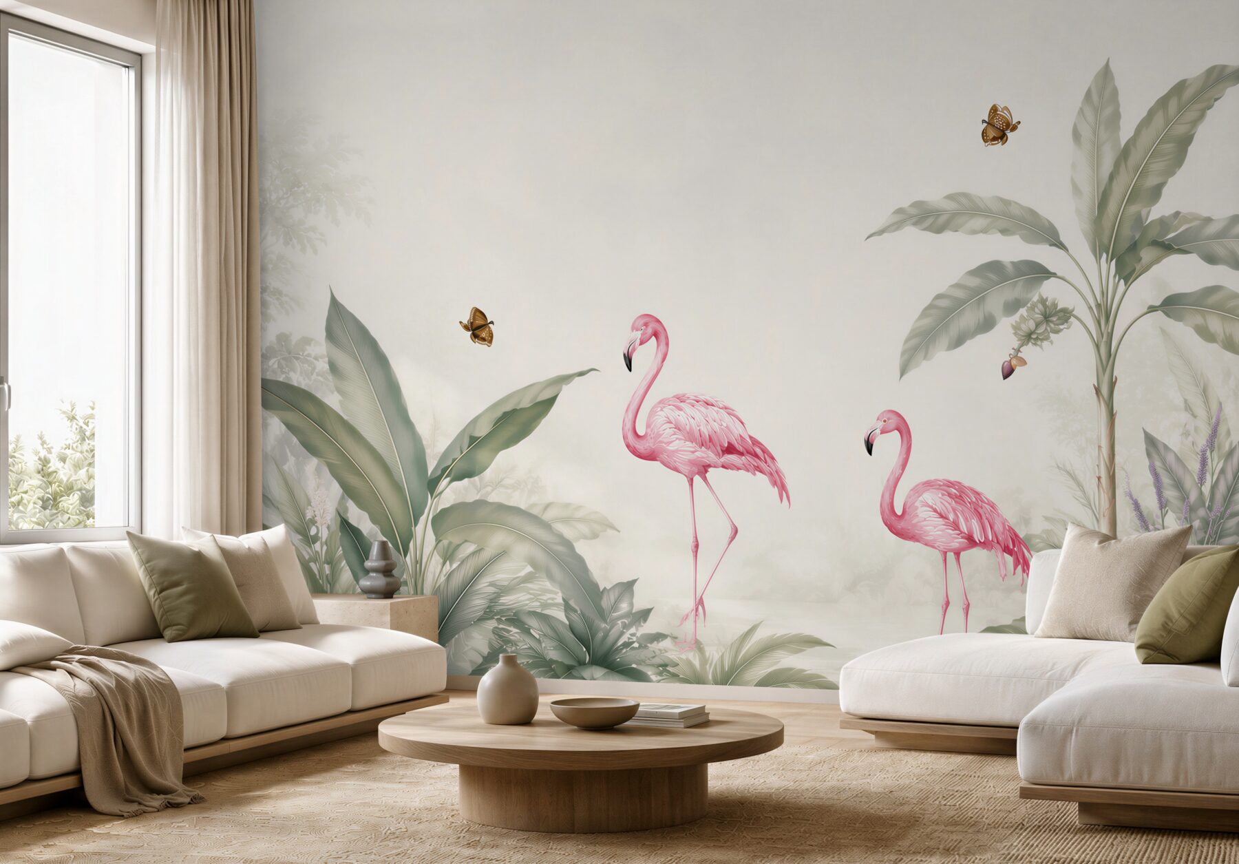 Fototapeta flamingi wśród tropikalnych liści pastelowa do eleganckiego wnętrza?v23