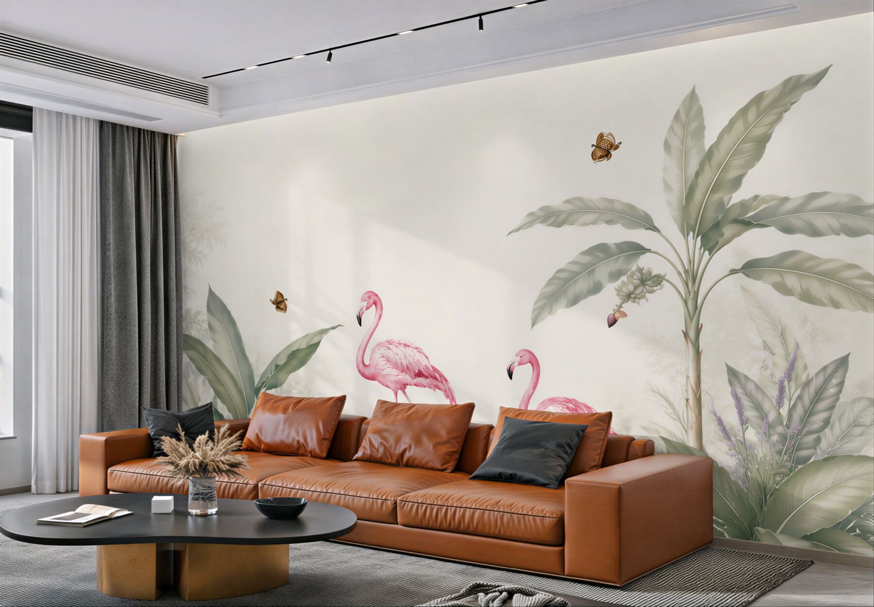 Fototapeta flamingi wśród tropikalnych liści pastelowa do eleganckiego wnętrza?v23