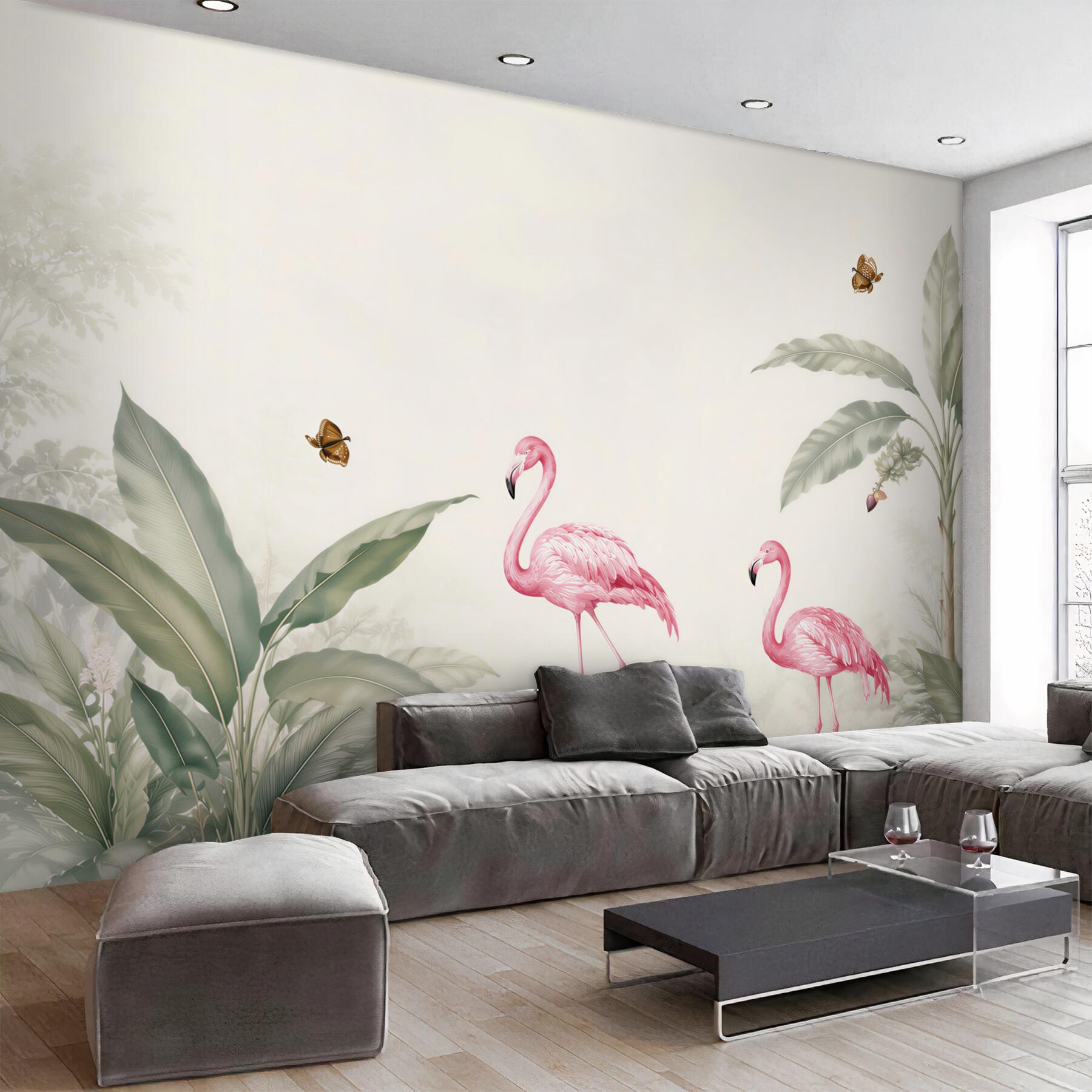 Fototapeta flamingi wśród tropikalnych liści pastelowa do eleganckiego wnętrza?v23