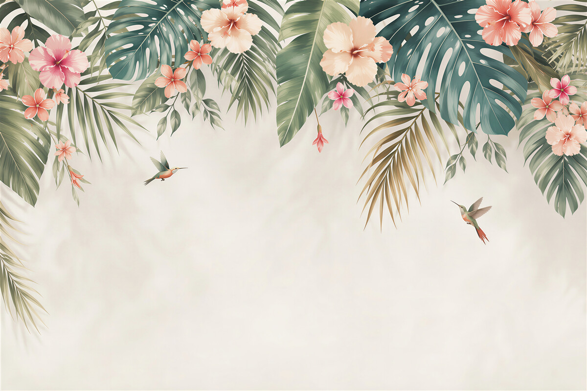Fototapeta liście tropikalne z hibiskusami i kolibrami pastelowa