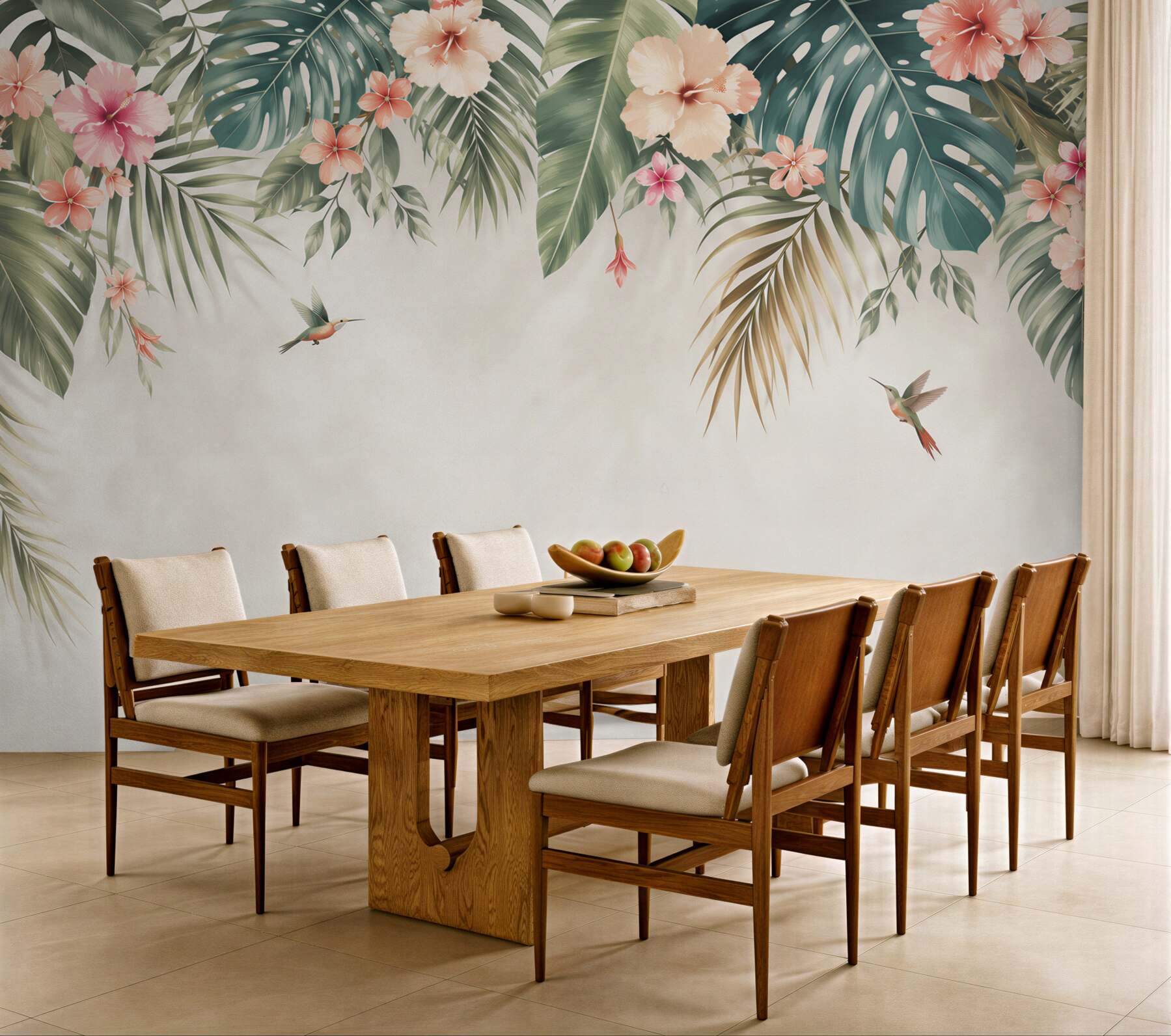 Fototapeta liście tropikalne z hibiskusami i kolibrami pastelowa?v23