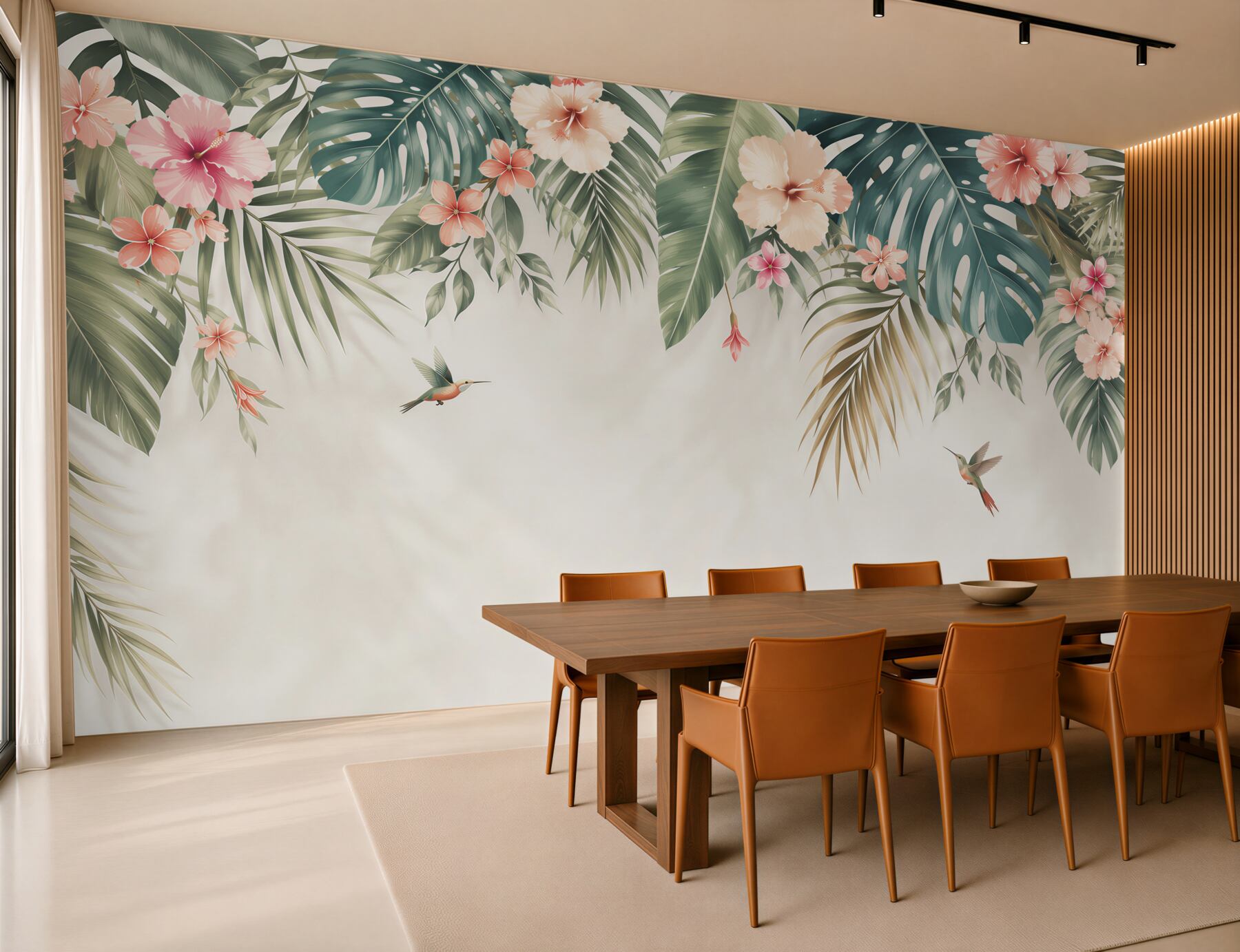 Fototapeta liście tropikalne z hibiskusami i kolibrami pastelowa?v23