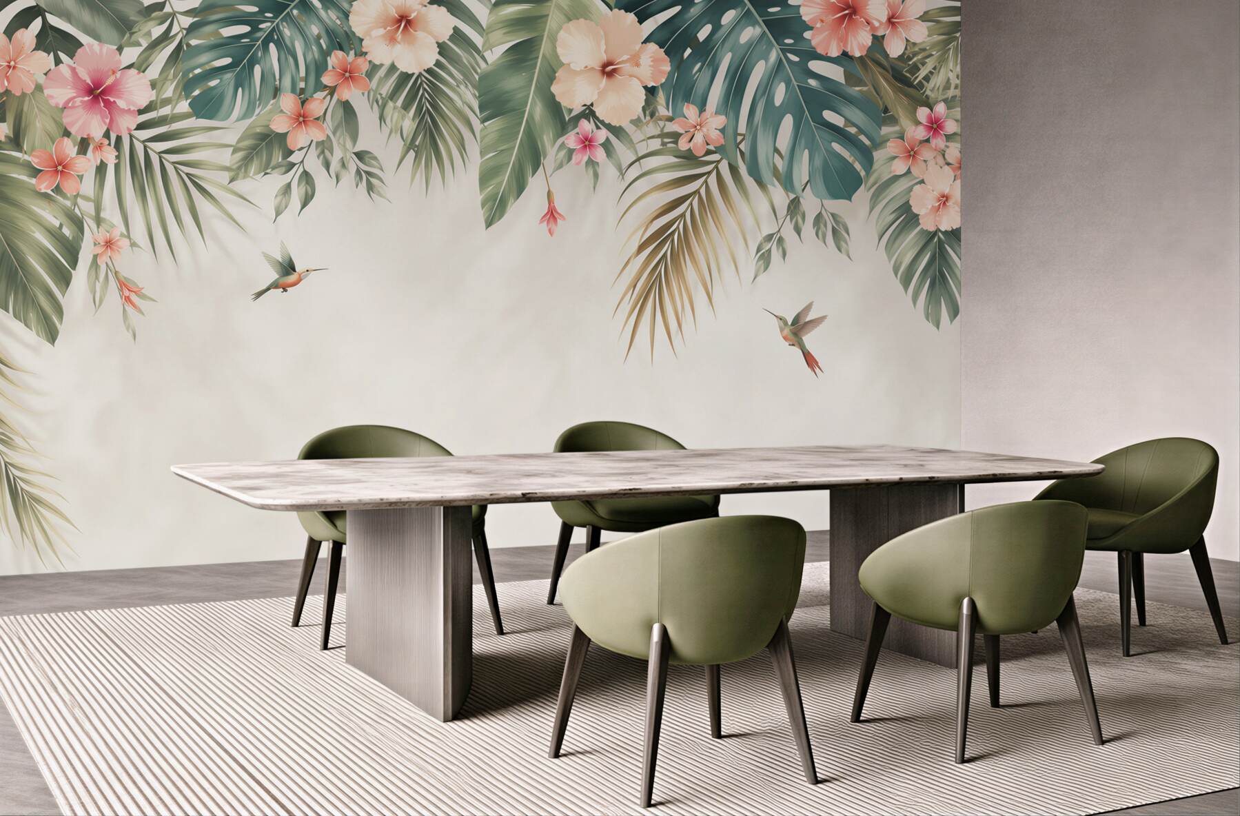 Fototapeta liście tropikalne z hibiskusami i kolibrami pastelowa?v23