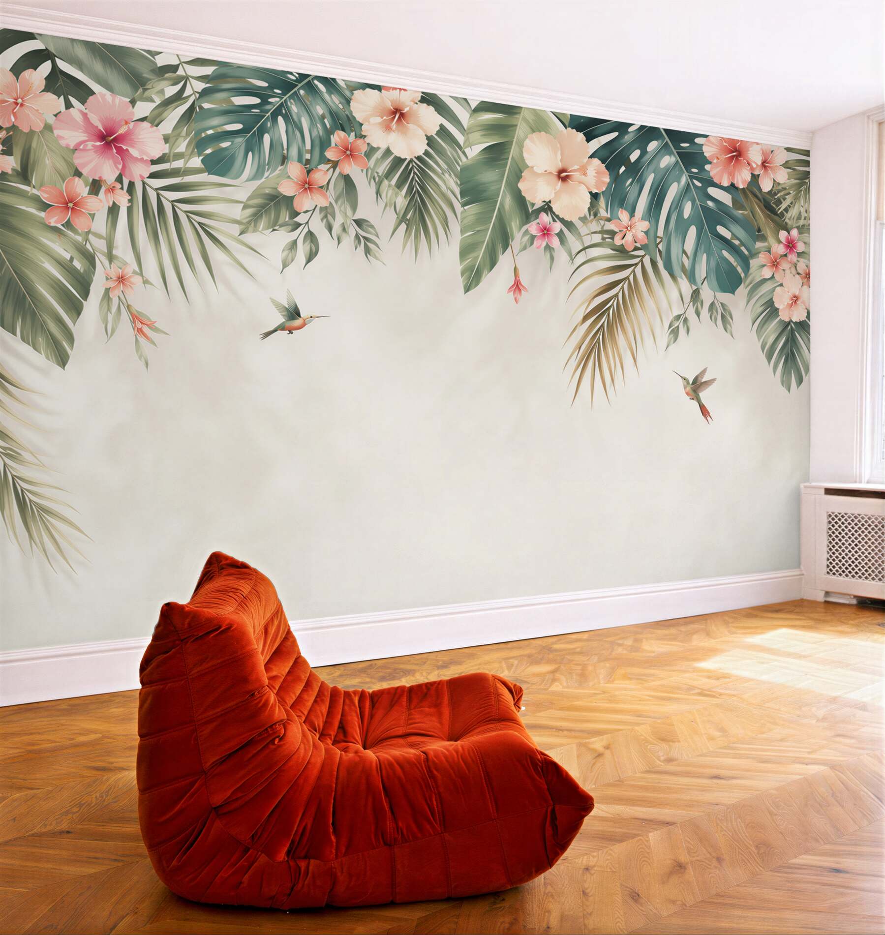 Fototapeta liście tropikalne z hibiskusami i kolibrami pastelowa?v23