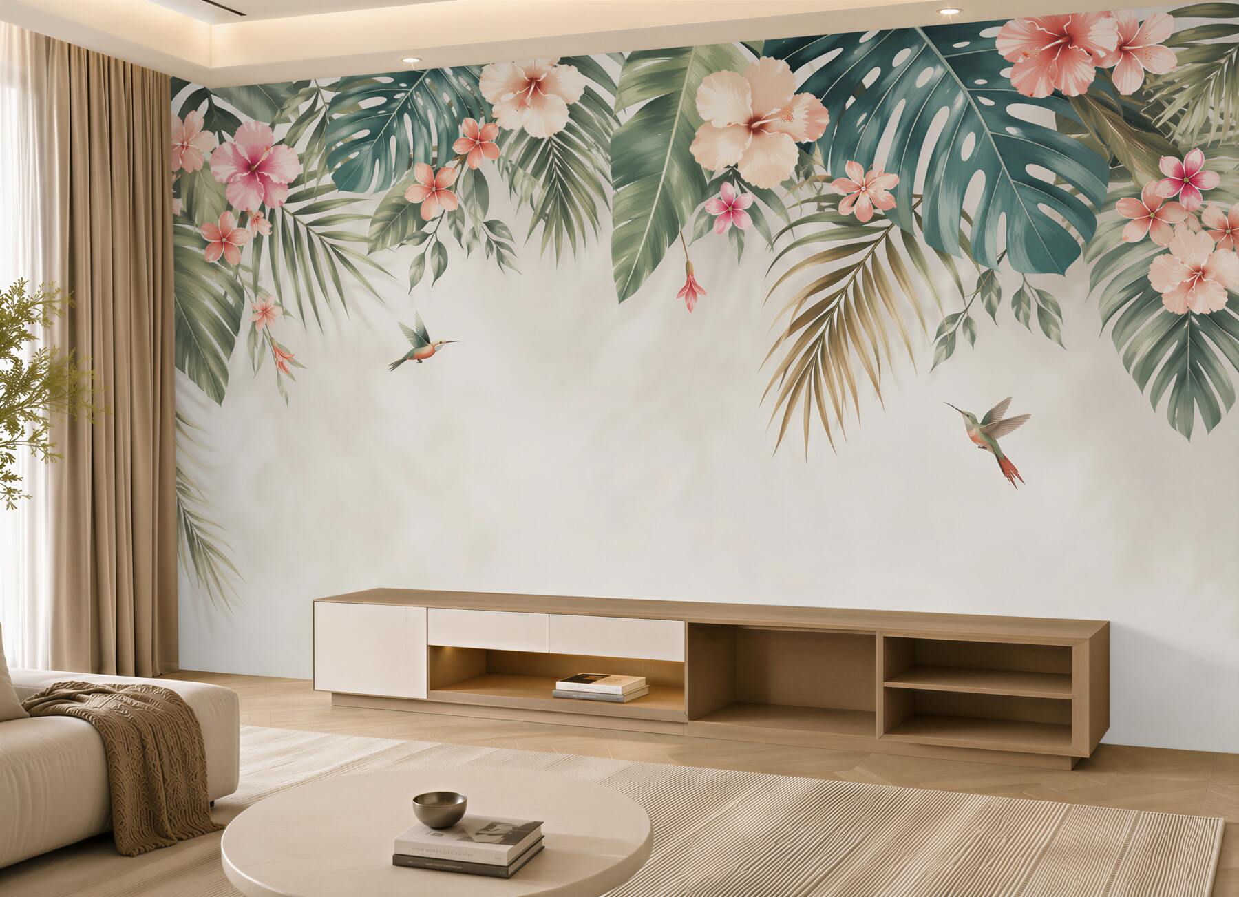 Fototapeta liście tropikalne z hibiskusami i kolibrami pastelowa?v23