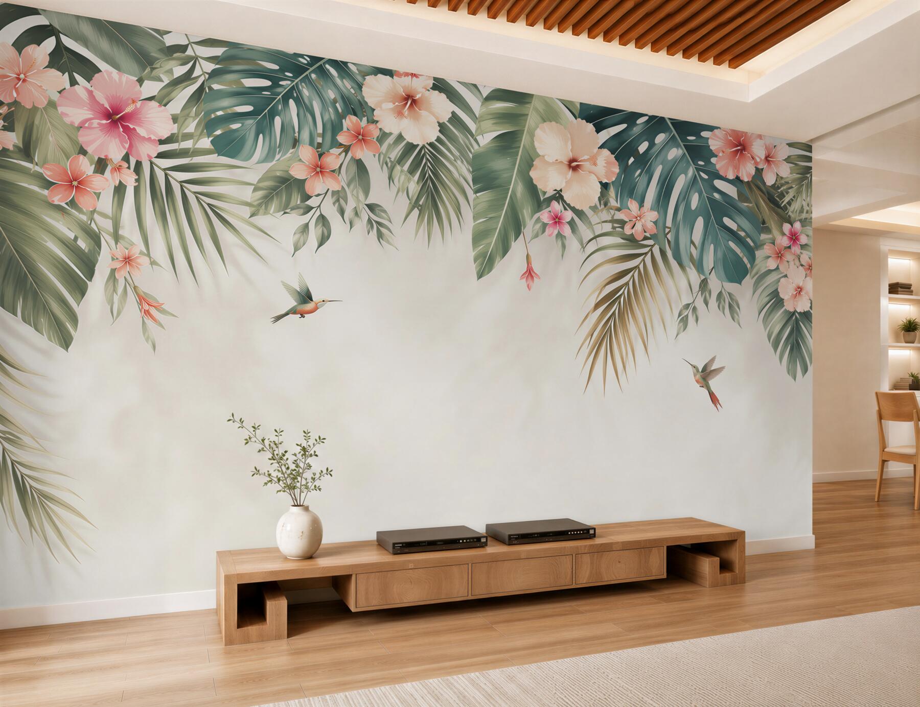 Fototapeta liście tropikalne z hibiskusami i kolibrami pastelowa?v23